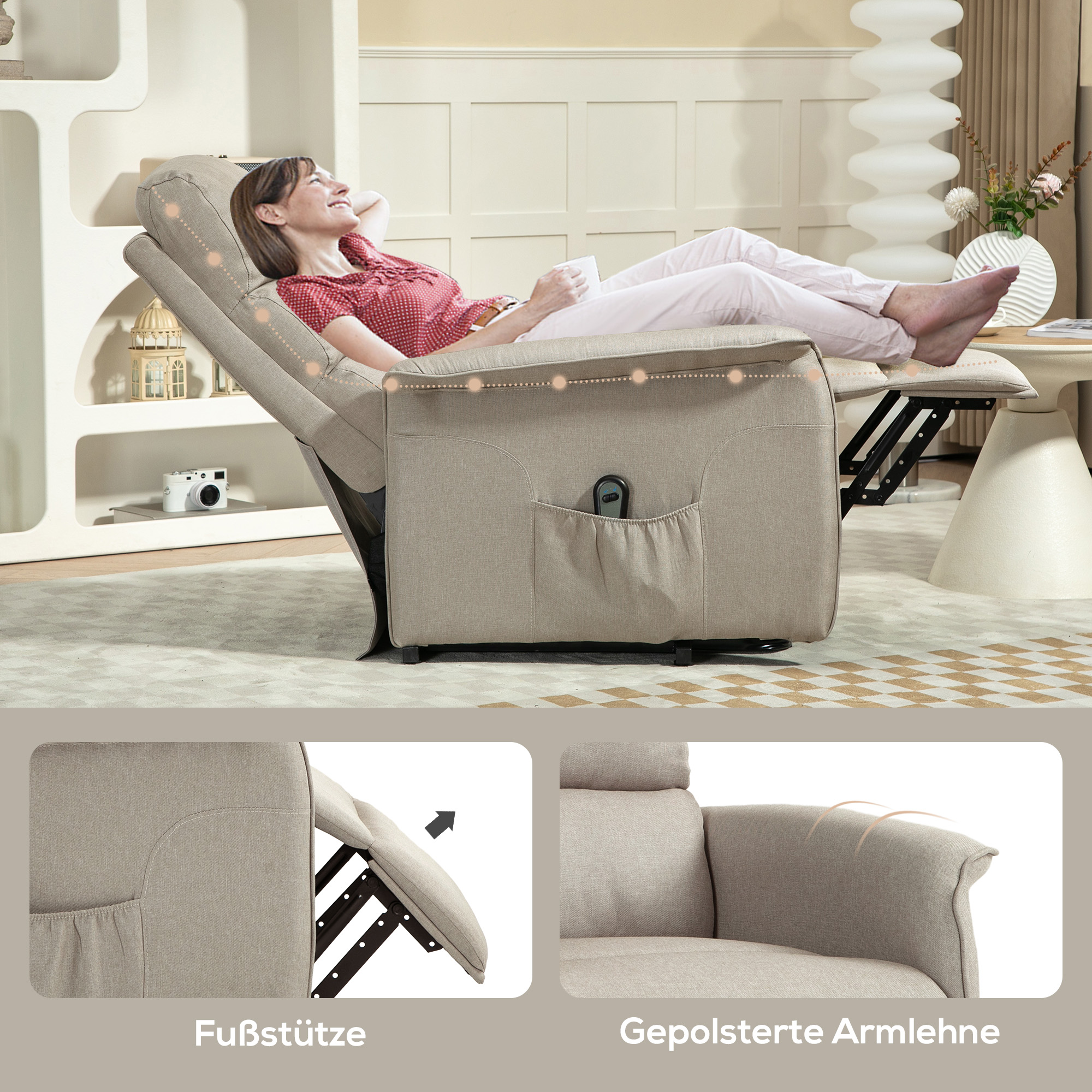 Relaxsessel mit Aufstehhilfe, verstellbare Rückenlehne/Fußstütze, bis 120 kg, 66 x 90 x 96 cm, Beige