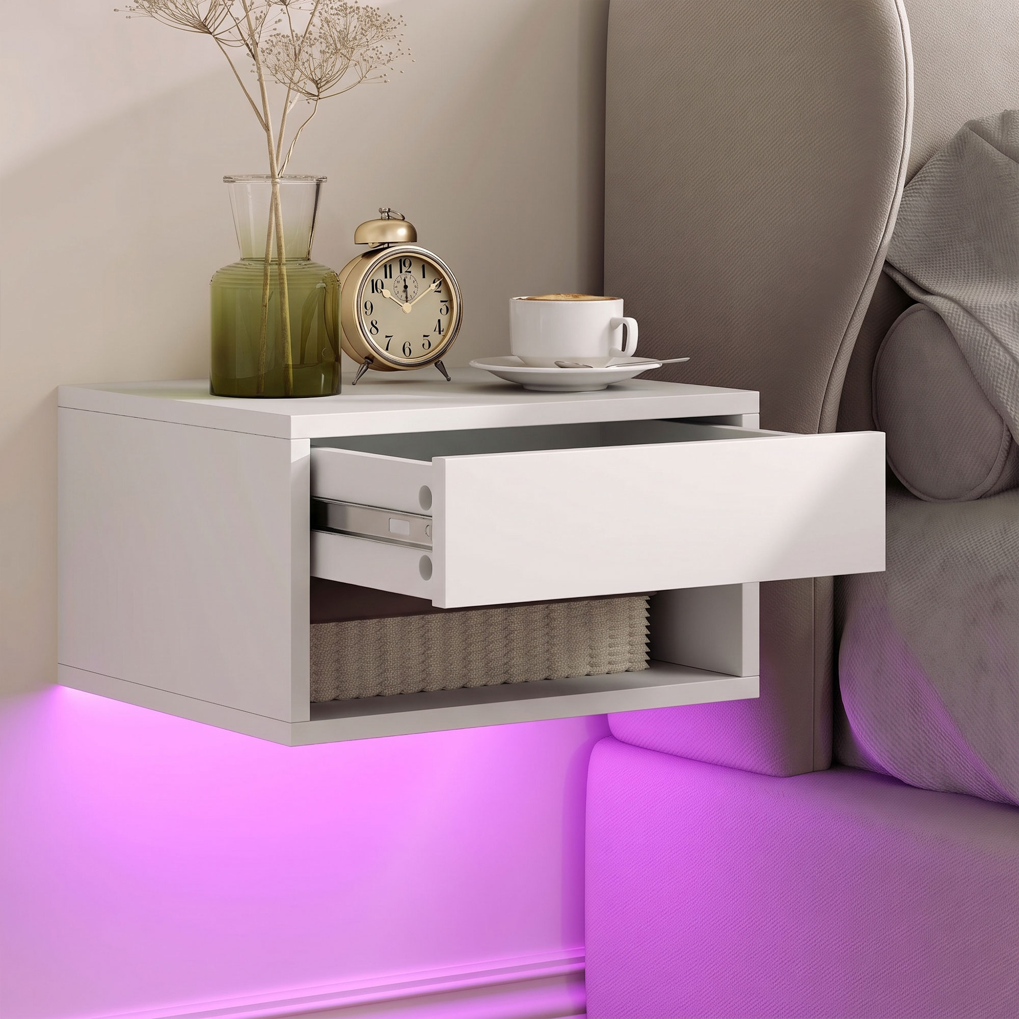 Nachttisch 2er-Set mit RGB-LED-Beleuchtung, schwebender Nachtschrank mit Schublade und offenem Fach, Weiß