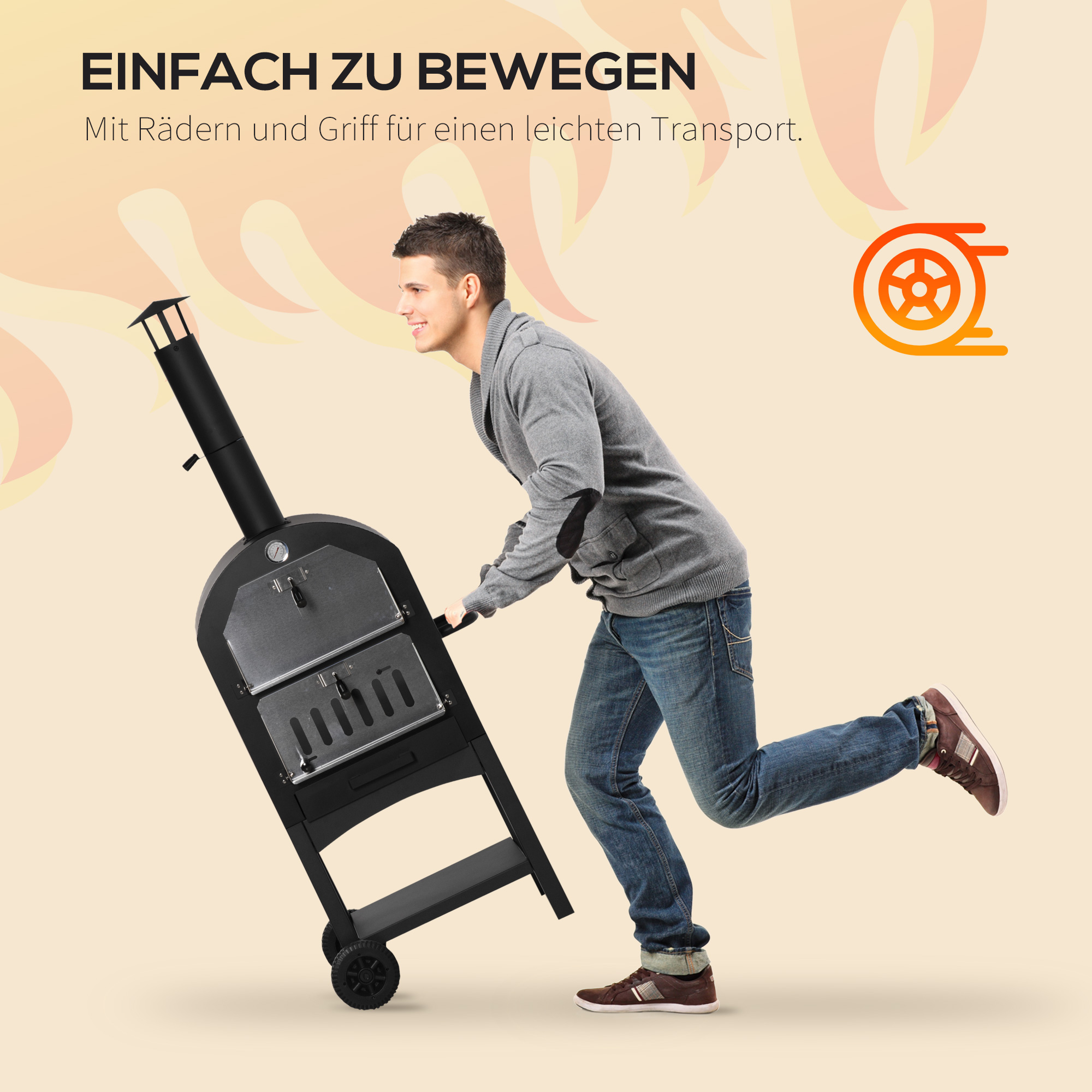 2-In-1 Pizzaofen Outdoor mit Rollen Grillofen mit Schutzhülle Pizzaschaufel 2 Grillnetzen Grillwagen mit Schornstein 3-Tier Holzbackofen für BBQ Stahl Schwarz+Silber 63 x 54 x 161 cm