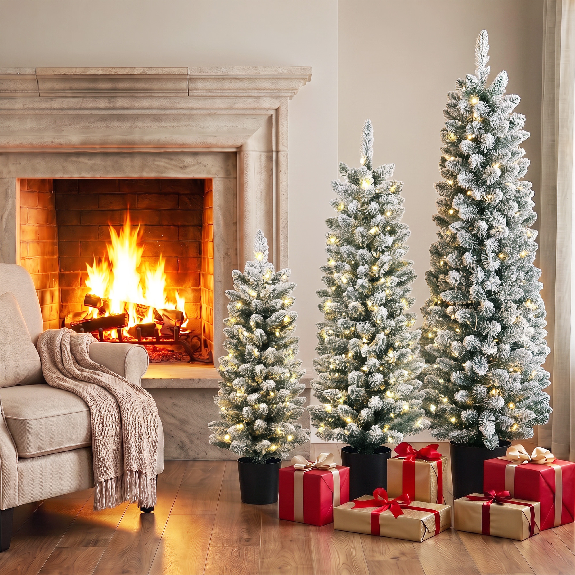 3er-Set schneebeflockte LED-Weihnachtsbäume, schmal, mit PVC-Zweigen, 90/120/150 cm