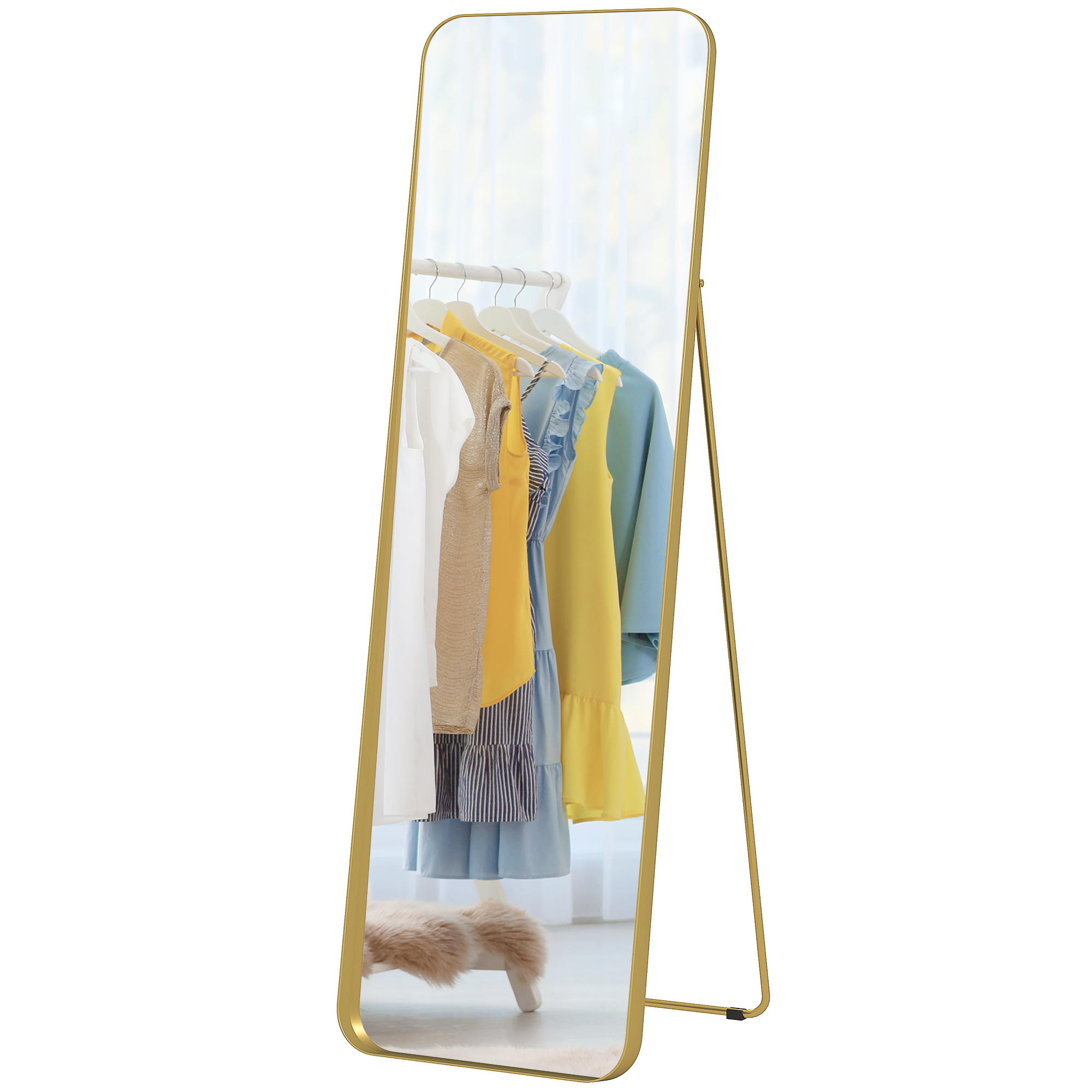 Ganzkörperspiegel, freistehend, neigbar, Metallrahmen, MDF, 160 x 50 cm, Goldfarben Ganzkörperspiegel, freistehend, neigbar, Metallrahmen, MDF, 160 x 50 cm, Goldfarben
