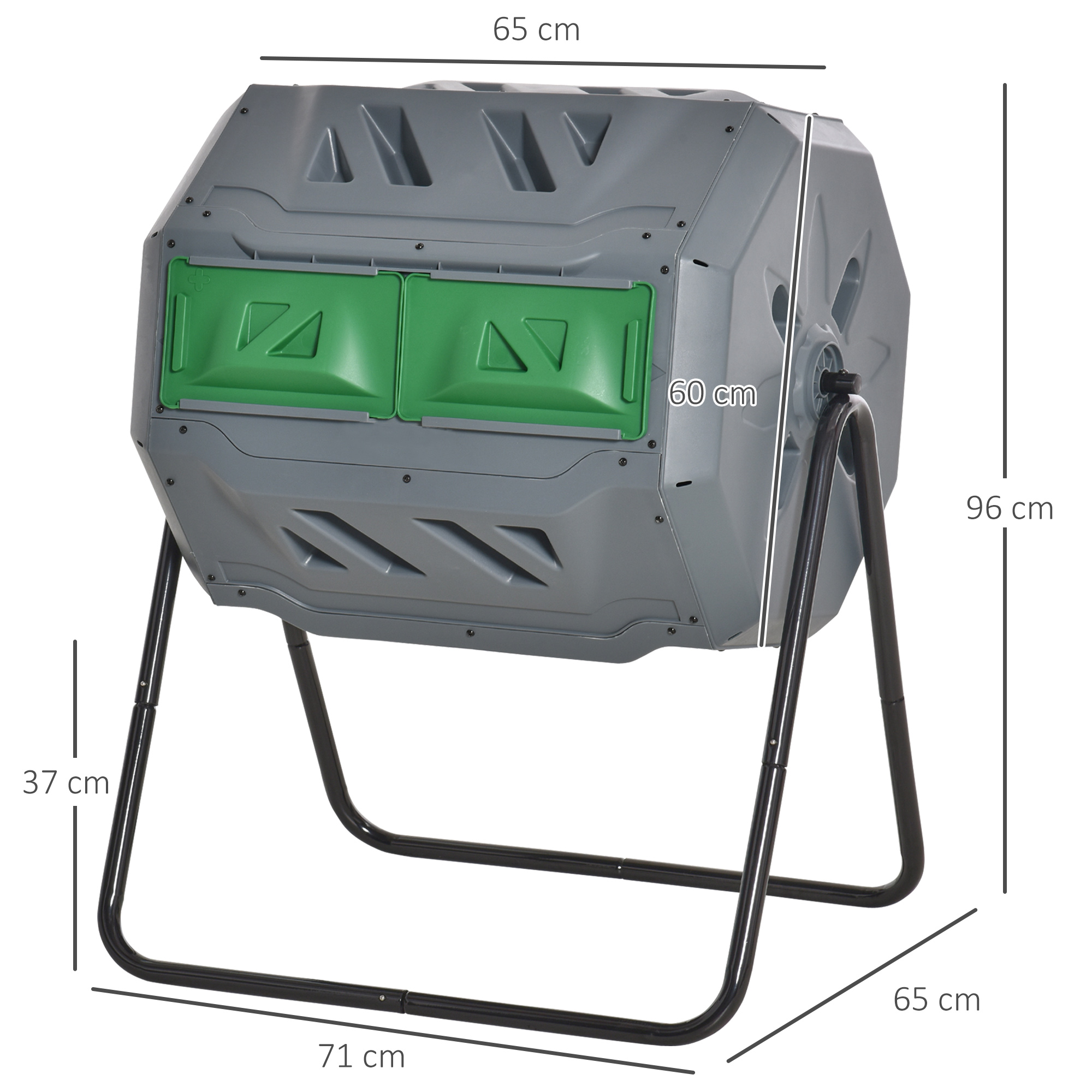 Kompostbehälter mit 2 Behältern, 160 L Fassungsvermögen, drehbar, 71 cm x 65 cm x 96 cm, Grau + Grün + Schwarz