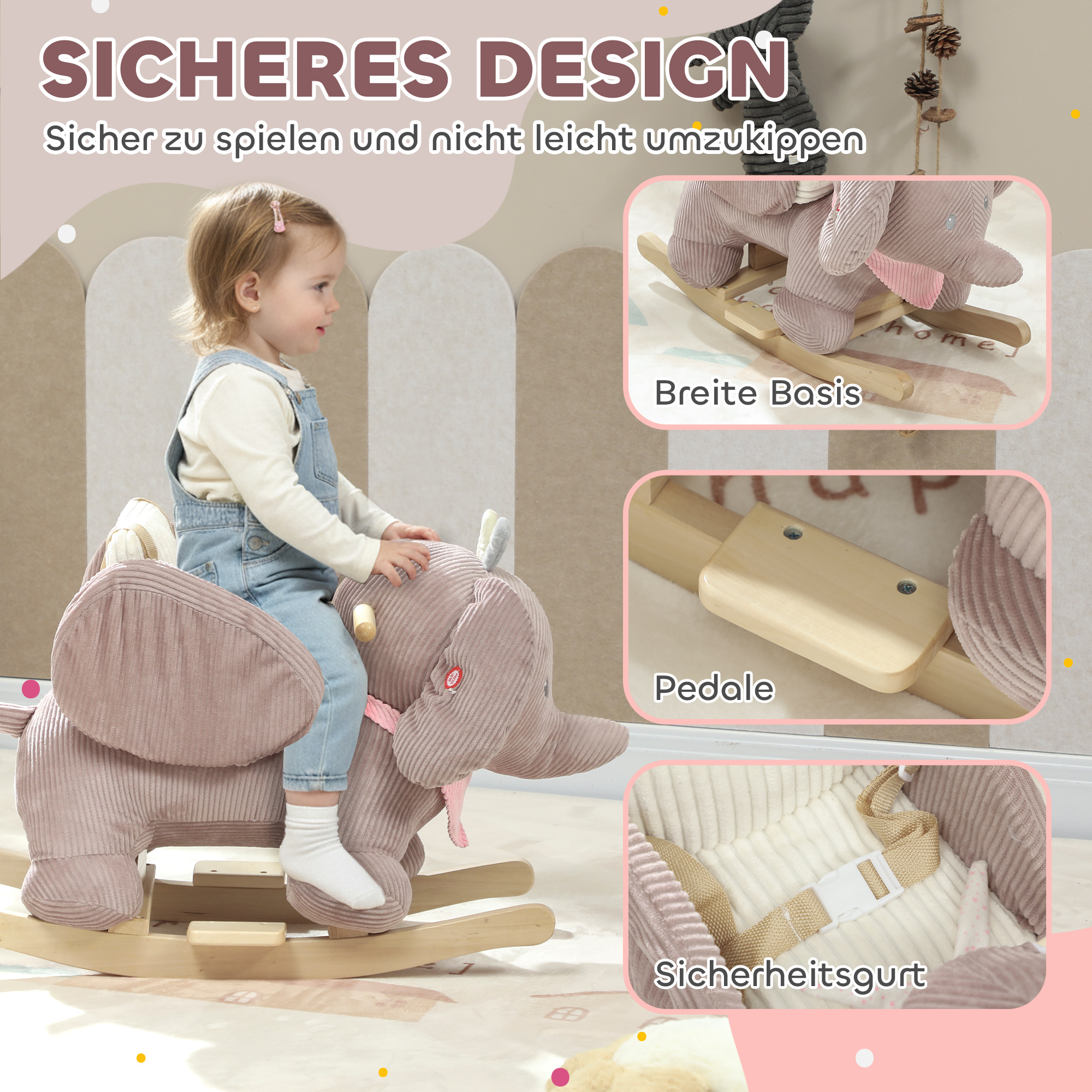 Schaukeltier, Elefant-Schaukel, interaktive Tiergeräusche, Holzrahmen, für Kinder 1,5-3 Jahre, 65 x 32 x 49 cm, Braun