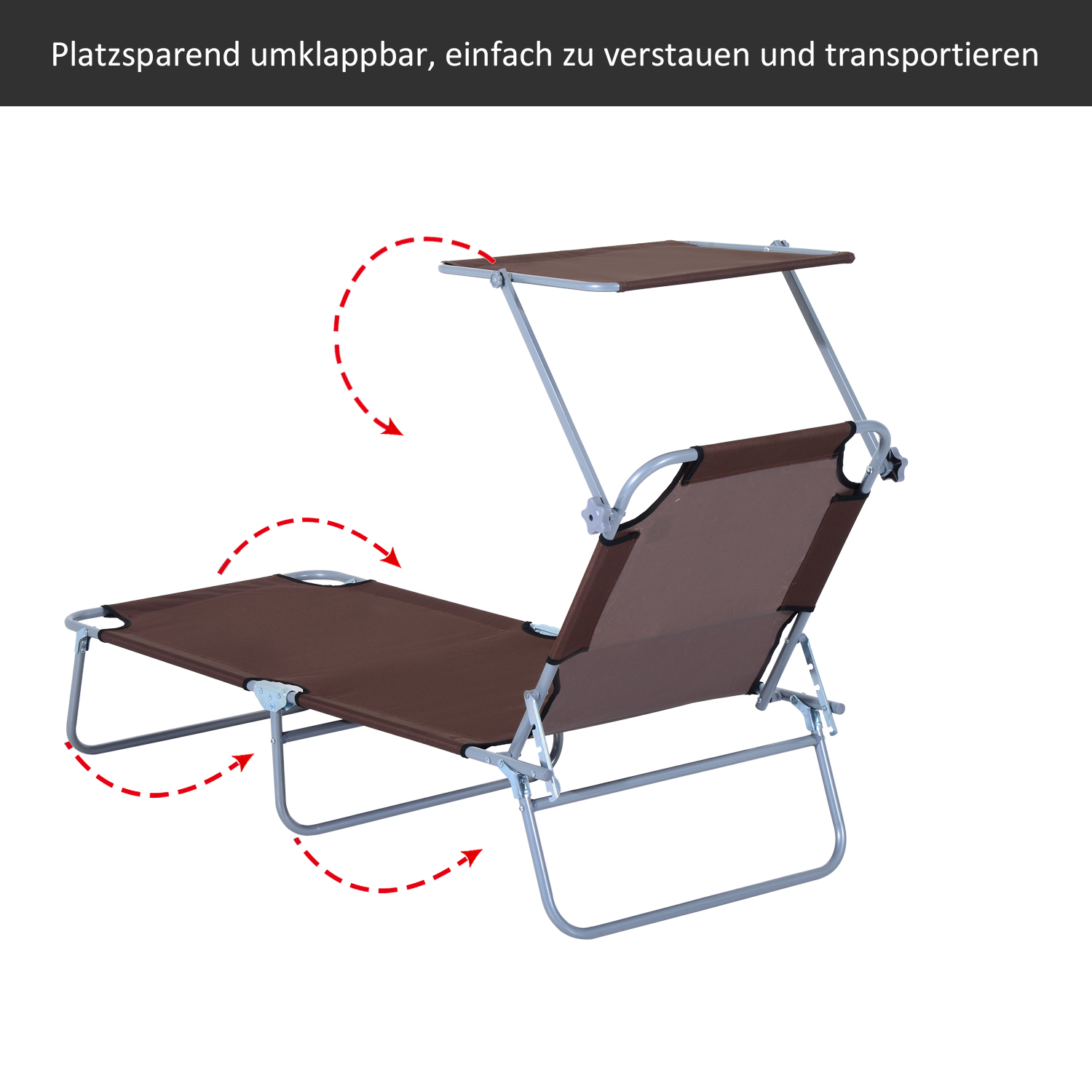 Sonnenliege klappbar Gartenliege mit Sonnenschutz Liegestuhl mit 4-Fach verstellbare Rückenlehne Campingliege bis 120kg belastbar für Garten, Balkon und Pool geeignet, 6 Farben(Braun )