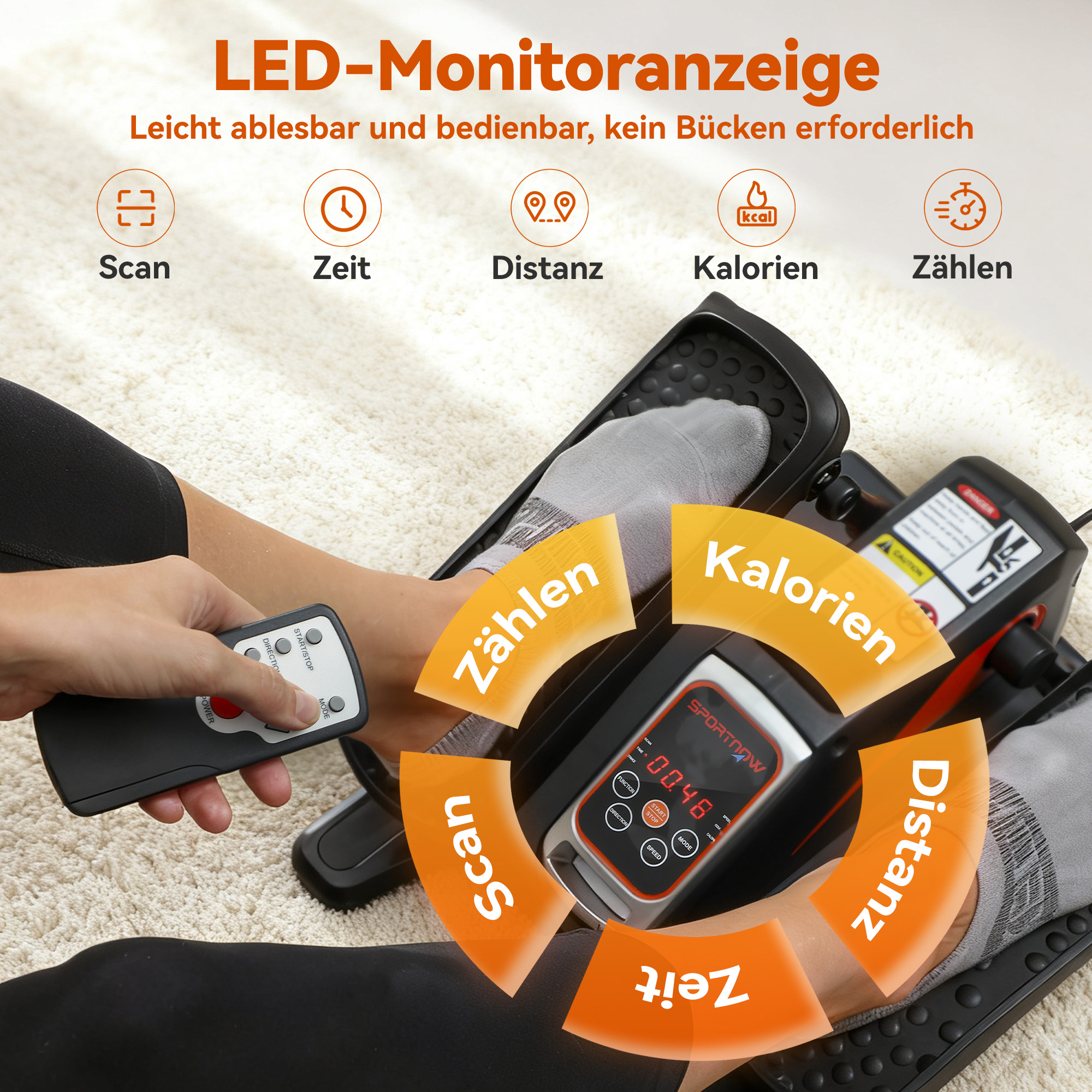 elektrischer Ellipsentrainer, Pedalgerät mit 12 anpassbaren Geschwindigkeiten, tragbar, leicht, Fernbedienung, LED-Monitor, Stahl, Kunststoff, Schwarz