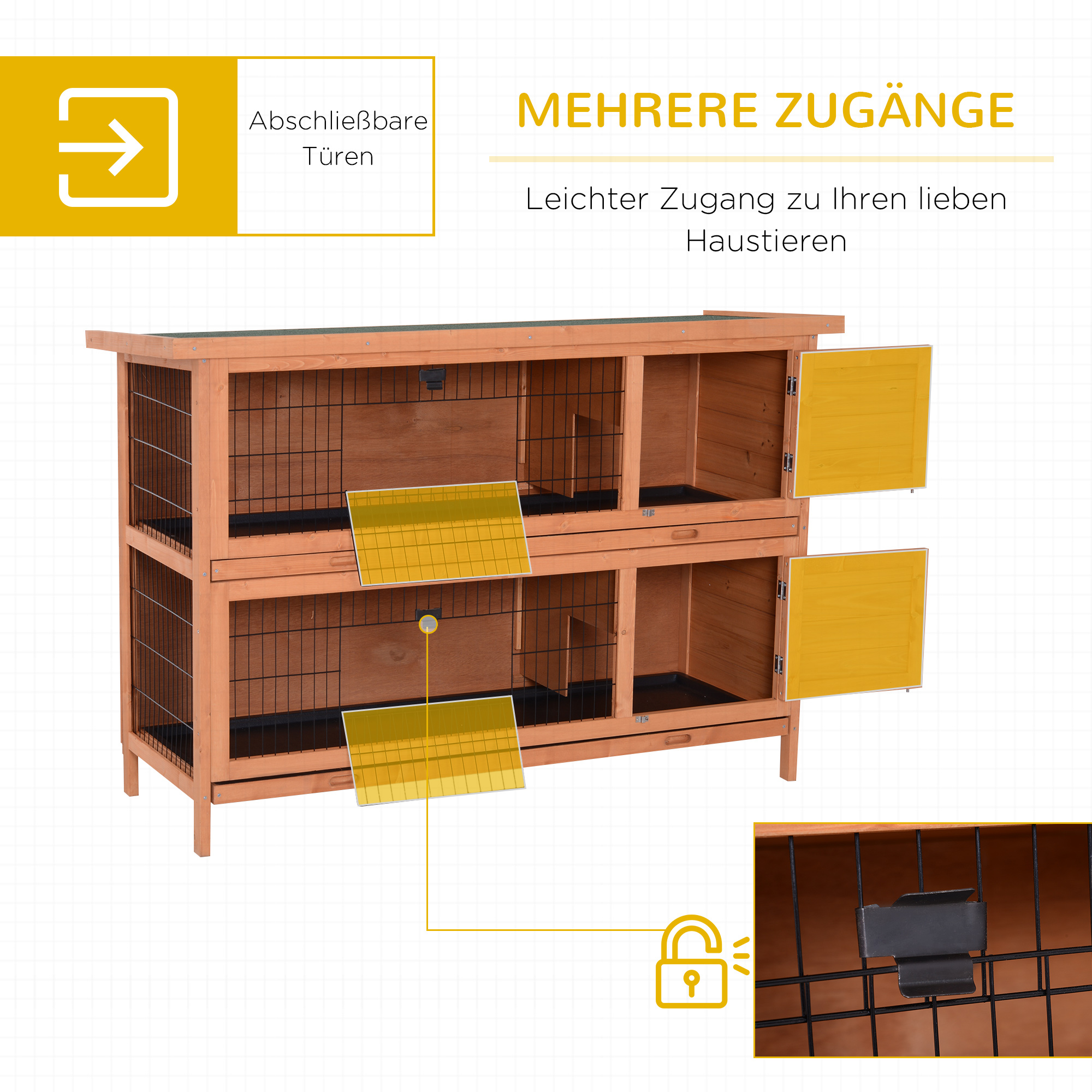 Hasenstall winterfest 2 Etagen Kaninchenstall Holz Bodenwanne Asphaltdach Türen 136,4 x 50 x 93 cm Orange