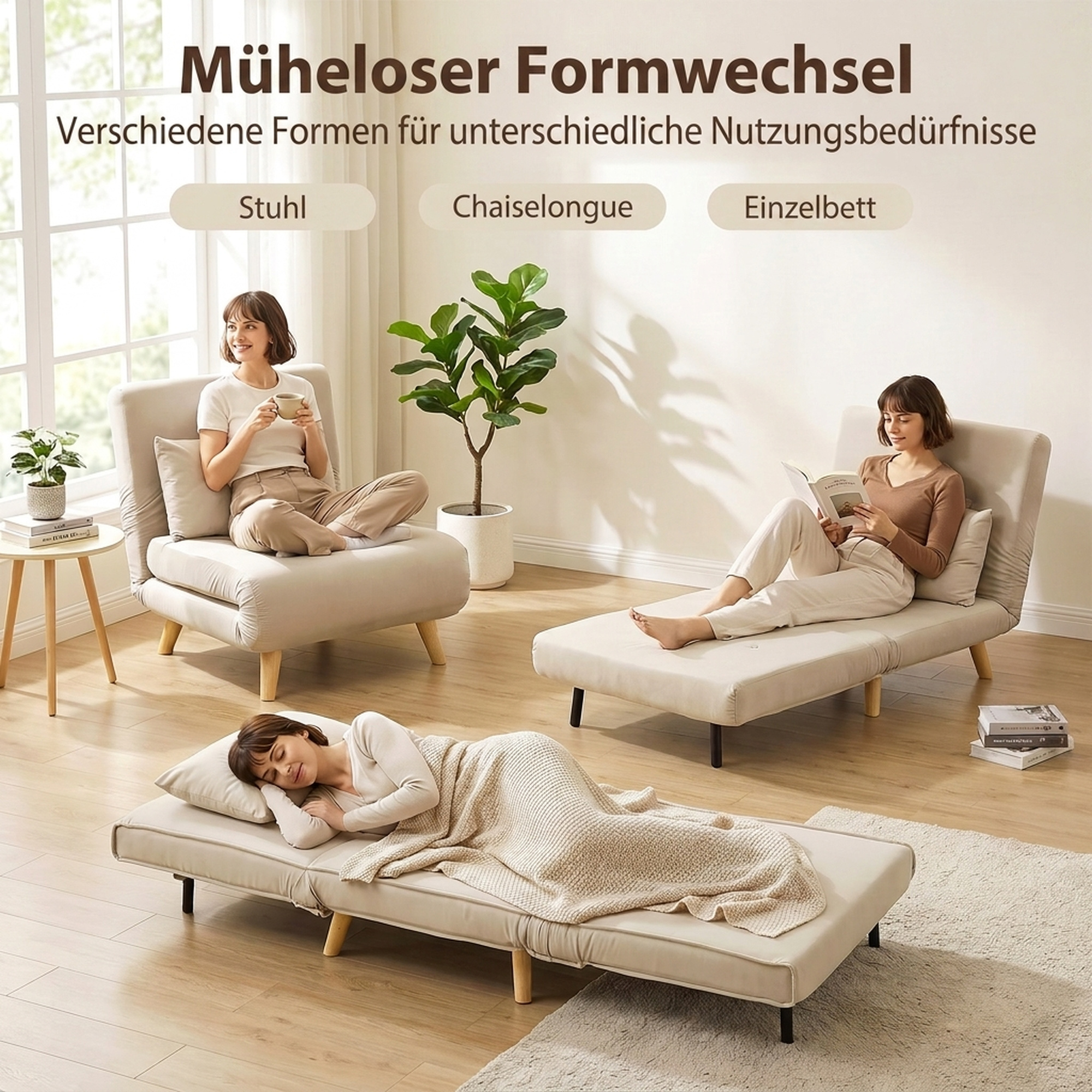 3-in-1 Schlafsessel, Klappsessel mit Schlaffunktion, verstellbare Click-Clack-Rückenlehne, Beige