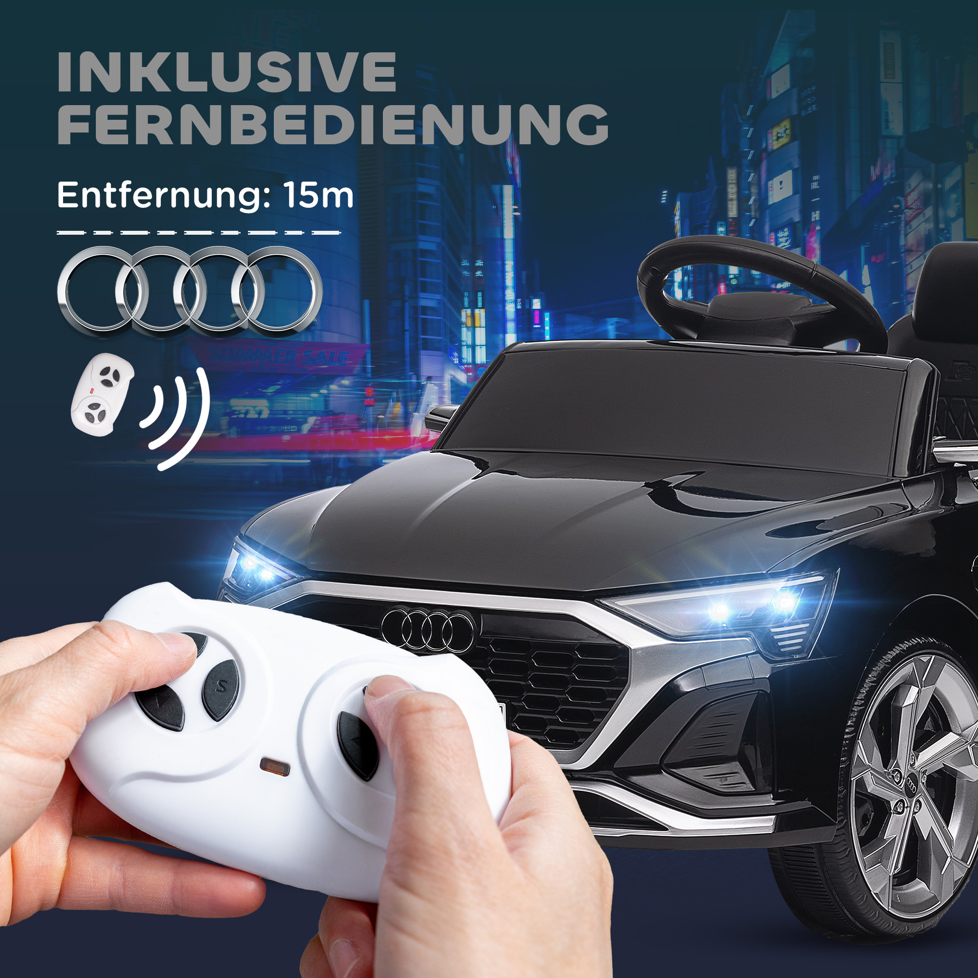 Kinderfahrzeug Audi Q8, 3-5 km/h, Fernsteuerung, Scheinwerfer, Musik, schwarz