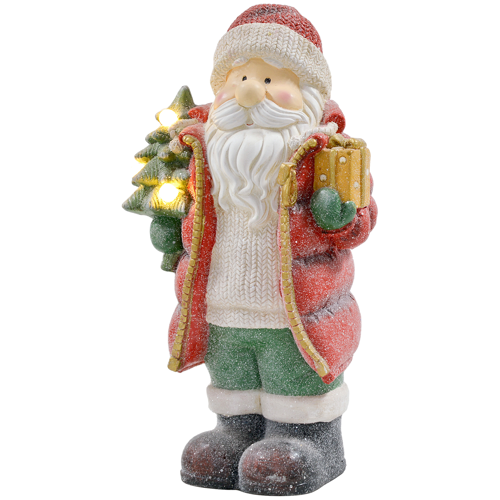 Weihnachtsmannfigur mit Baum und Geschenk, 3 warmweiße LEDs, batteriebetrieben, 50 cm Weihnachtsmannfigur mit Baum und Geschenk, 3 warmweiße LEDs, batteriebetrieben, 50 cm