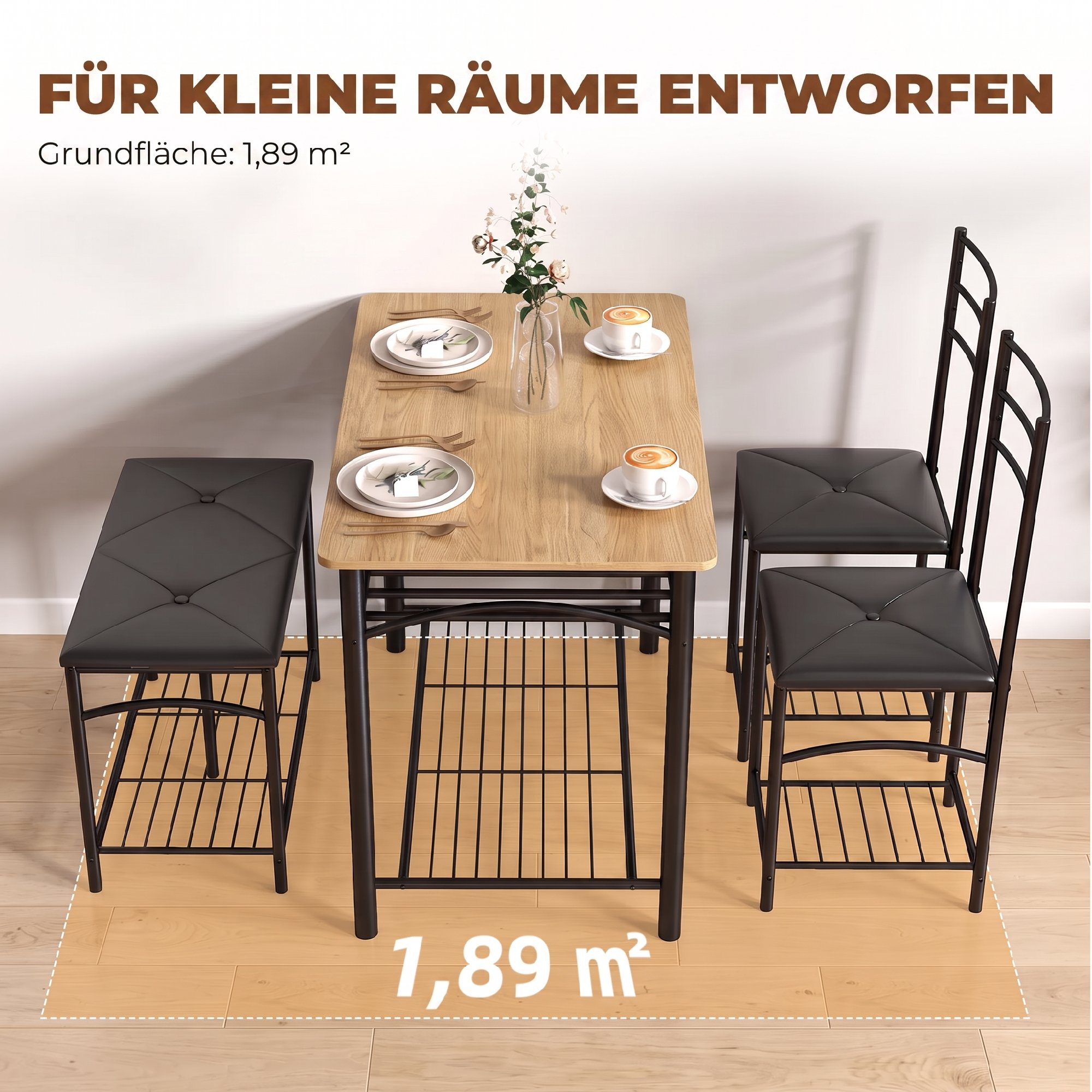 4-teiliges Essgruppen-Set, industrieller Küchentisch mit 2 Stühlen und Bank für 4 Personen, gepolsterte PU-Leder-Sitze, Braun
