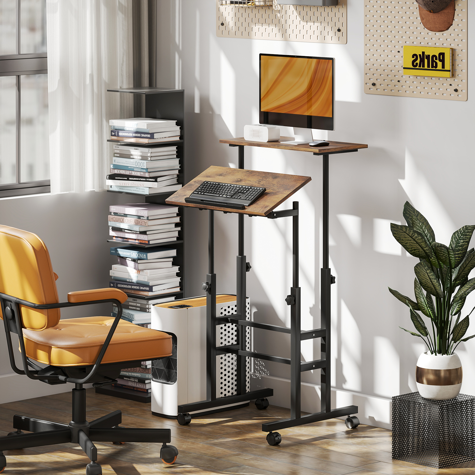 chreibtisch Höhenverstellbar Küchentisch mit Regal, Rollen, Computertisch Rustikal Braun 60 x 60 x 70,5-120 cm