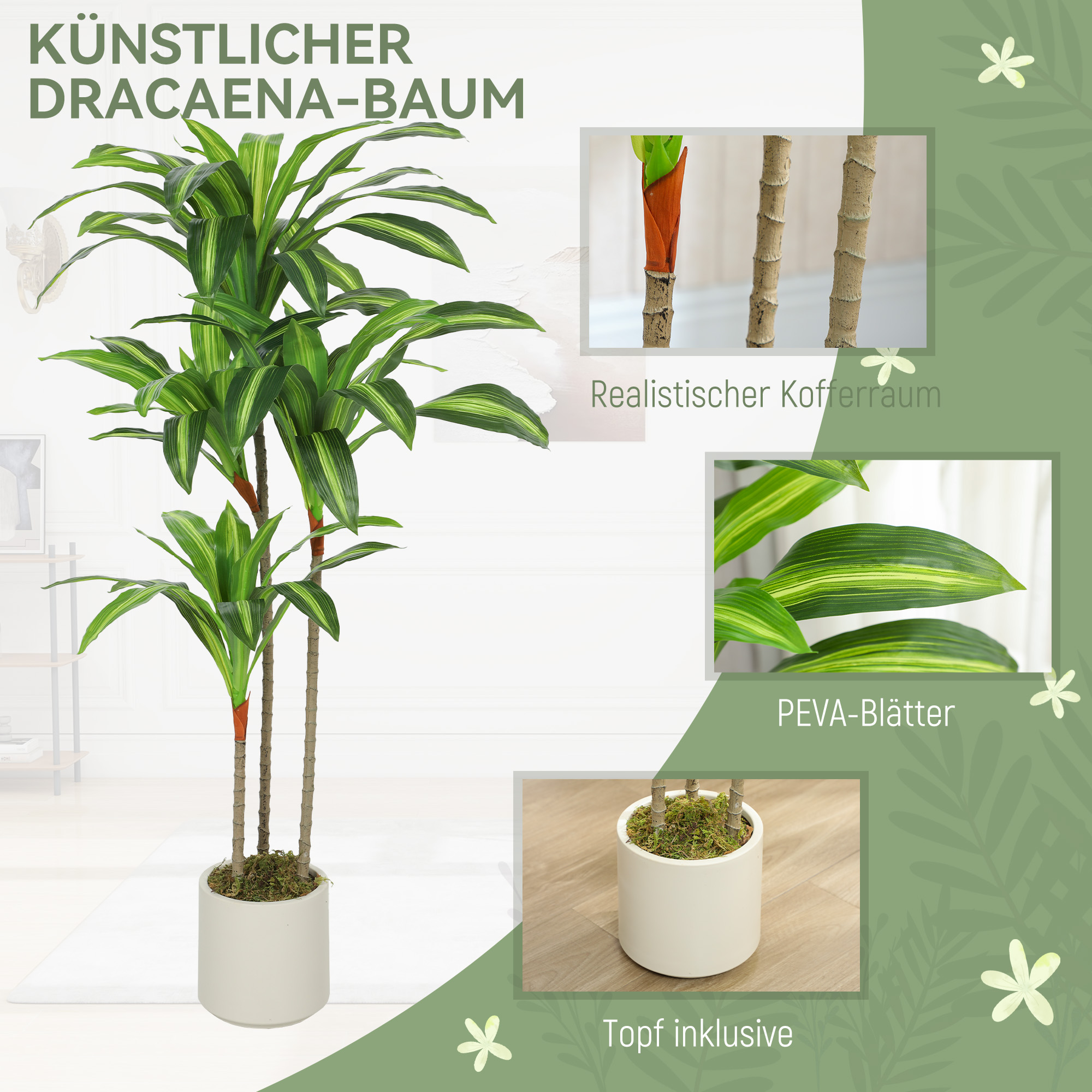 Künstlicher Dracaena-Baum 120 cm mit biegsamen Stämmen und weißem Pflanzgefäß für Wohnzimmer Schlafzimmer Büro