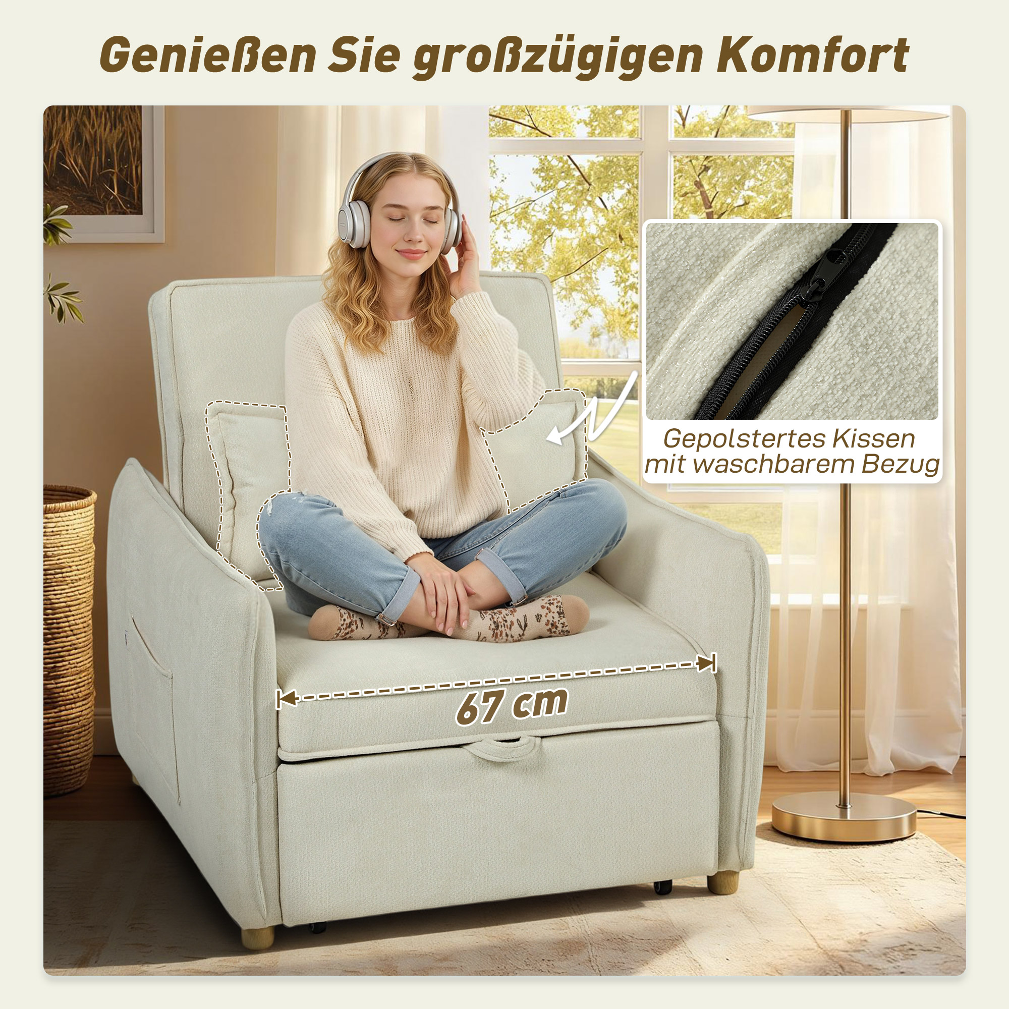 Schlafsessel 3 in 1 Umwandelbarer Sessel mit Bettfunktion, Lendenkissen, für Wohnzimmer Creme