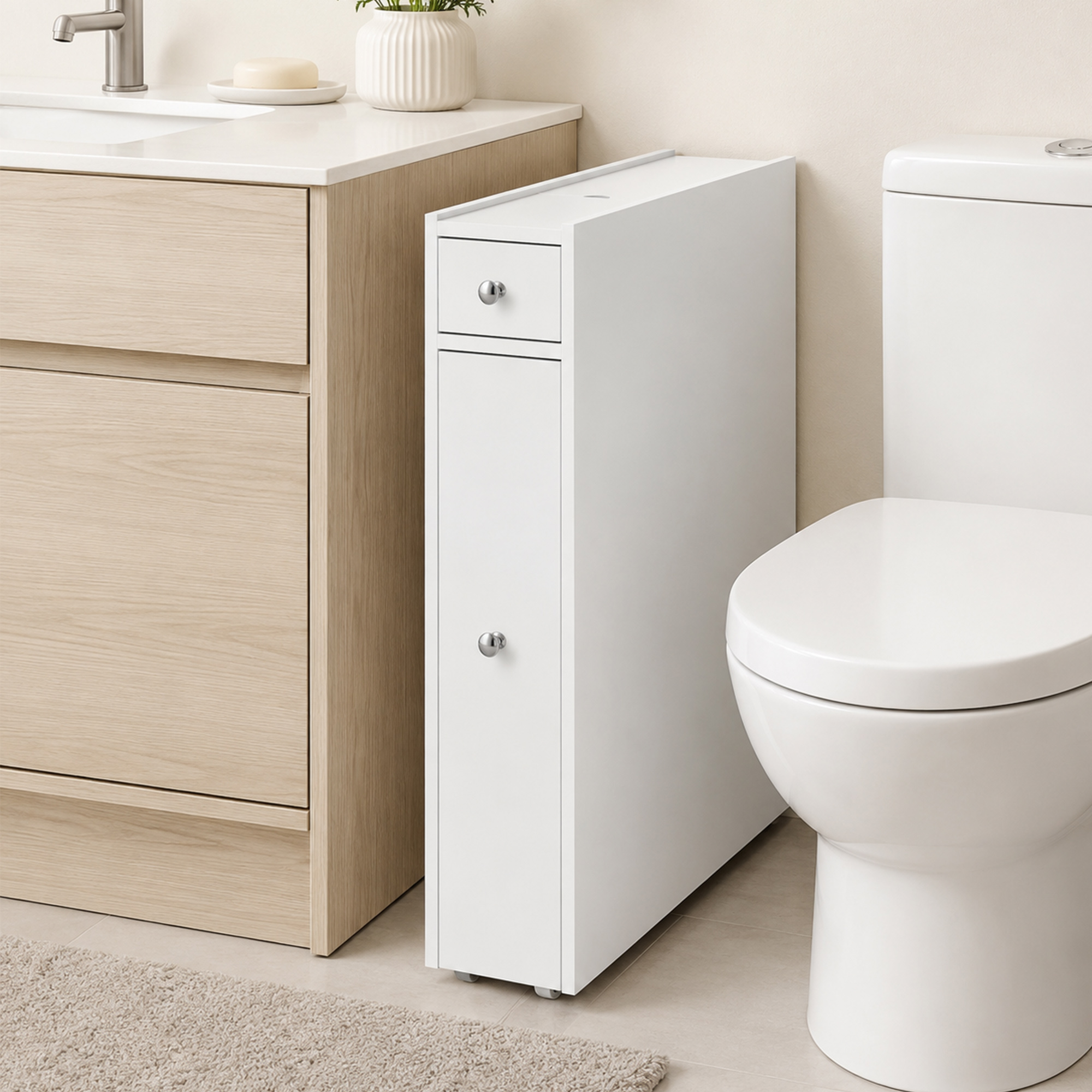 schmaler Badezimmerschrank, Badschrank stehend mit 2 Schubladen, Weiß
