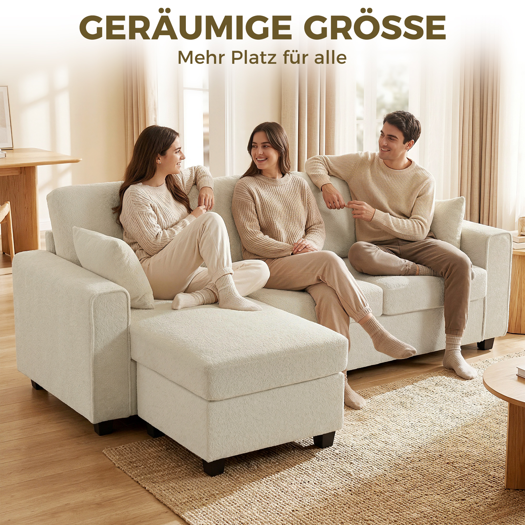 Ecksofa mit umkehrbarer Chaiselongue, 3-Sitzer Sofa mit Samtoptik, breite und tiefe Sitzfläche, Federkissen, Beige