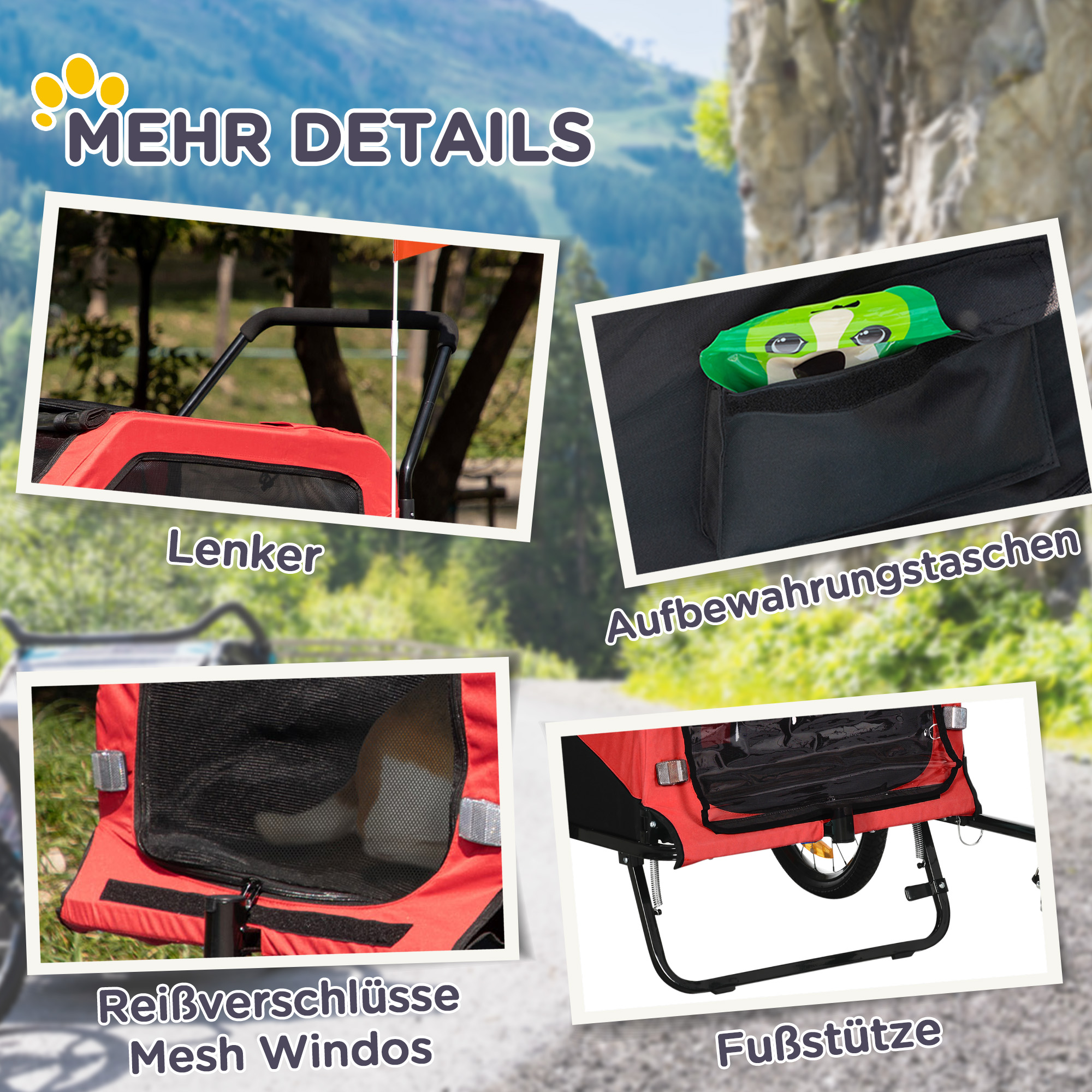 2-in-1 Hundeanhänger Hundebuggy bis 30kg klappbar und lagerbar Lenker Fußstütze Reflektoren Sicherheitsfahne 170 cm x 77 cm x 90 cm Rot
