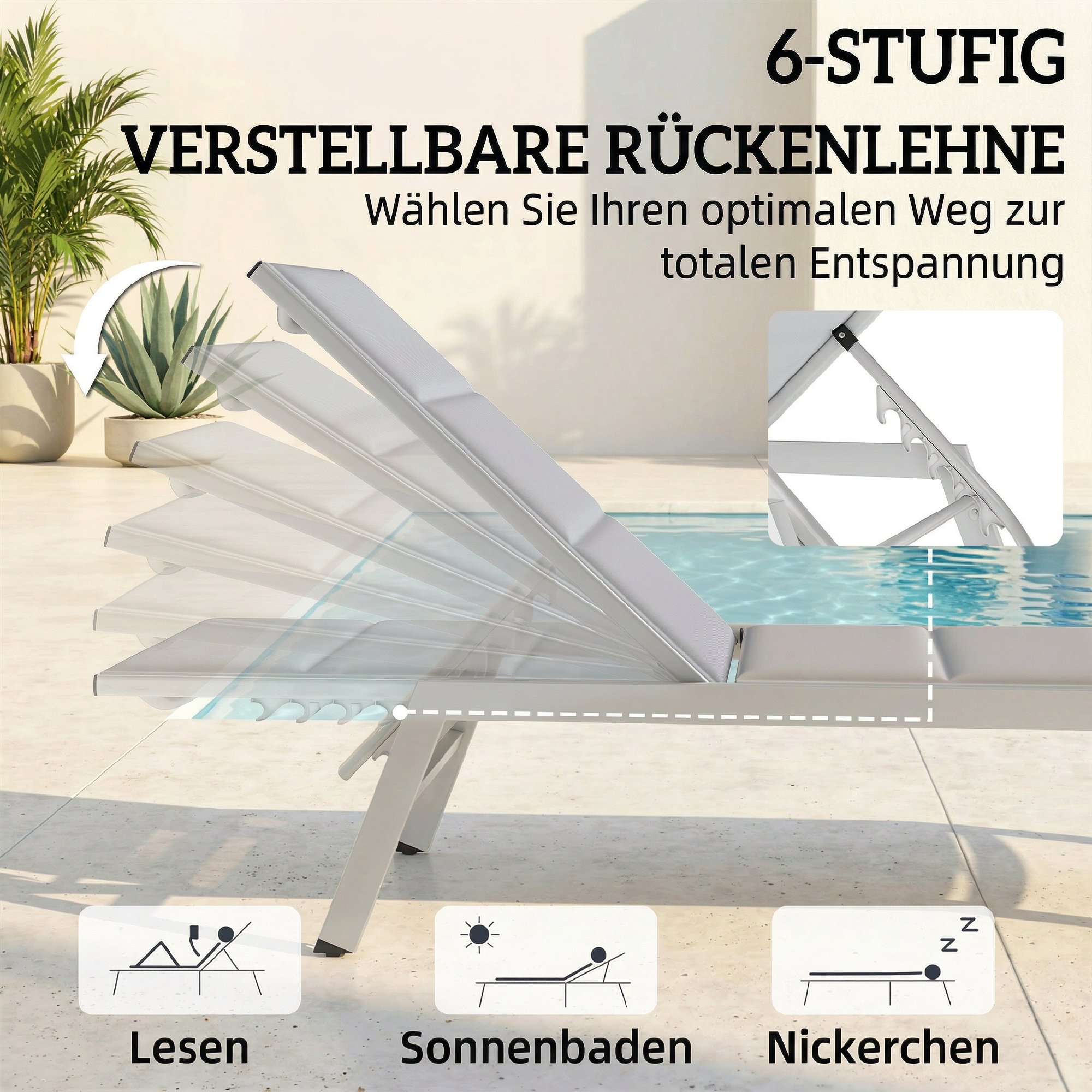 Sonnenliege Atmungsaktive Gartenliege mit 6-fach Verstellbar Rückenlehne Aluminiumrahmen Hellgrau