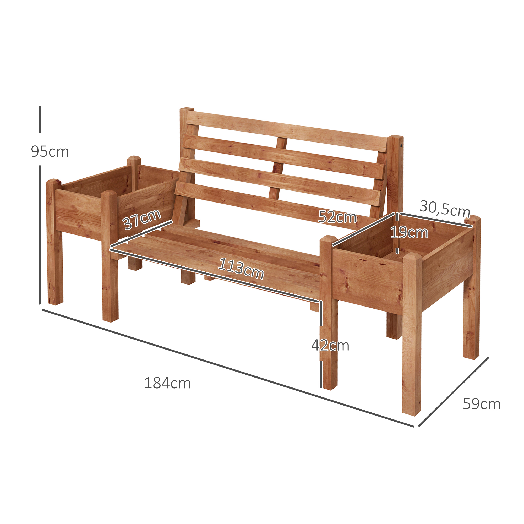 Gartenbank Sitzbank, inkl. Pflanzkästen, Holz, 184 cm x 59 cm x 95 cm, Braun