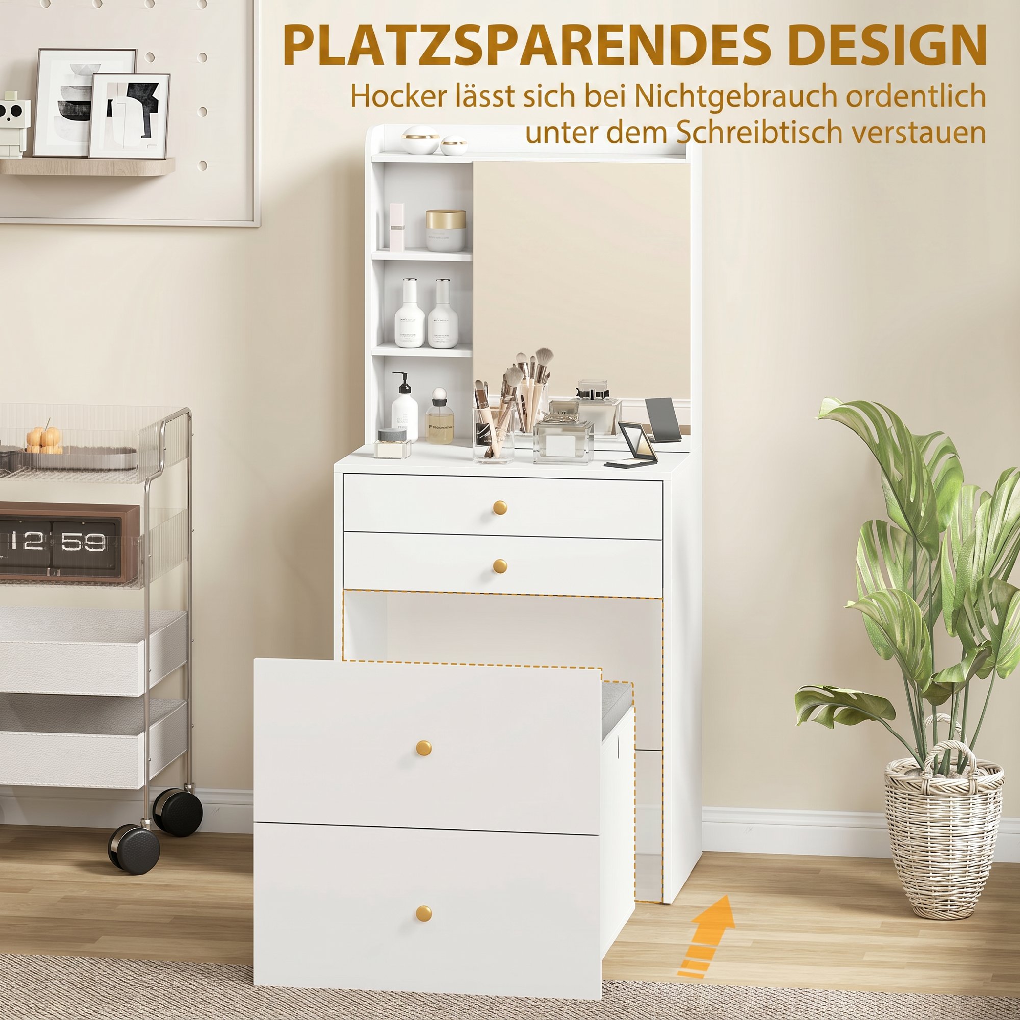 Schminktisch mit Spiegel und gepolstertem Hocker, kompakter Frisiertisch mit Schrank, Schubladen und offenen Ablagen, Weiß