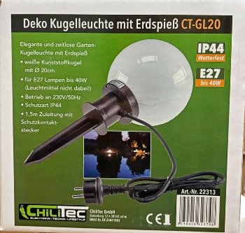 Garten Kugelleuchte Erdspieß "CT-GL20cm", IP44, 230V, 1,5m Kabel, E27 Fassung