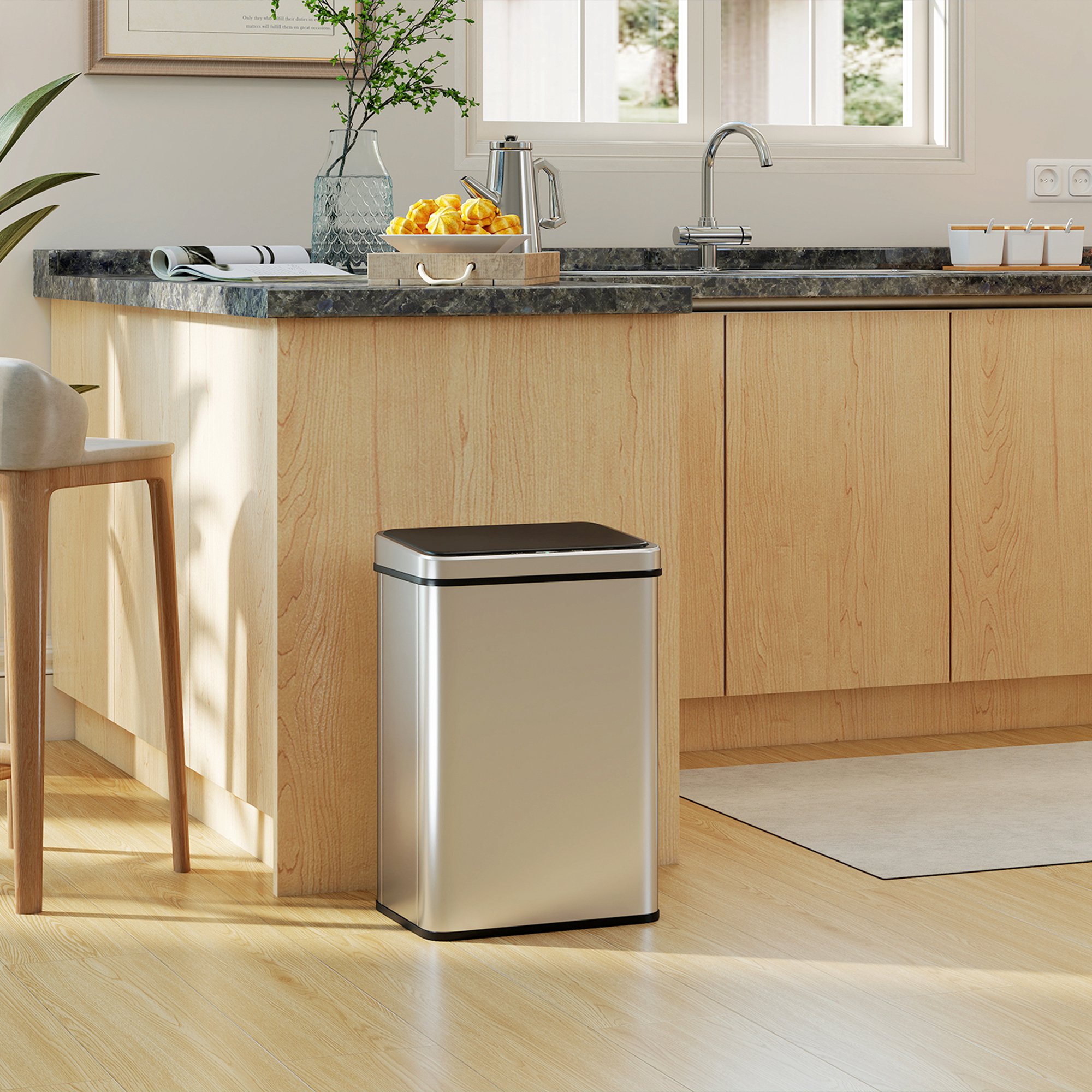 Sensor Mülleimer 40L Edelstahl Automatischer Mülleimer mit Soft-Close-Deckel Bewegungssensor 35,5 x 26 x 55 cm Silber