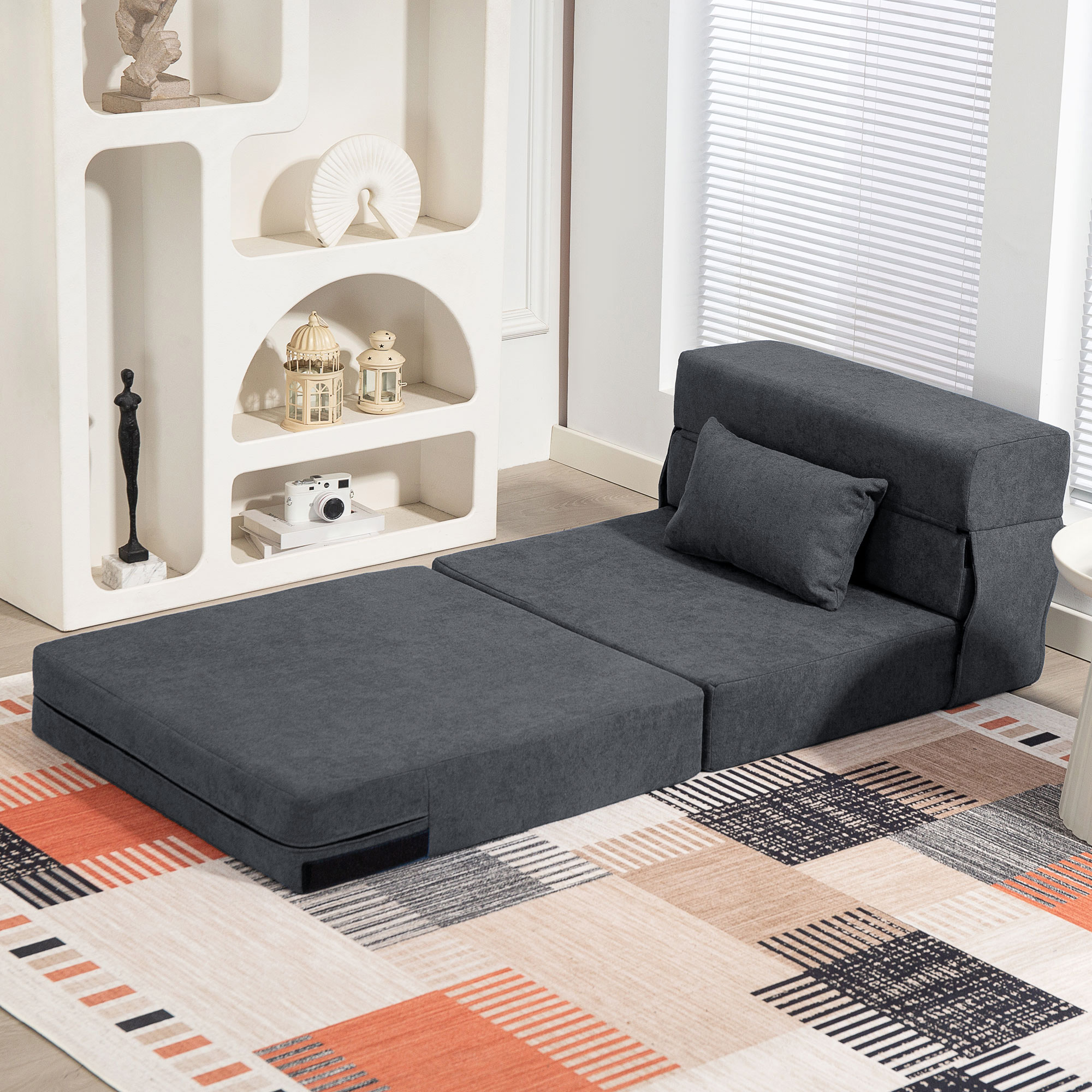 Bodensofa, Polstercouch, in Matratze umwandelbar, Schaumstoff, Kissen, Dunkelgrau