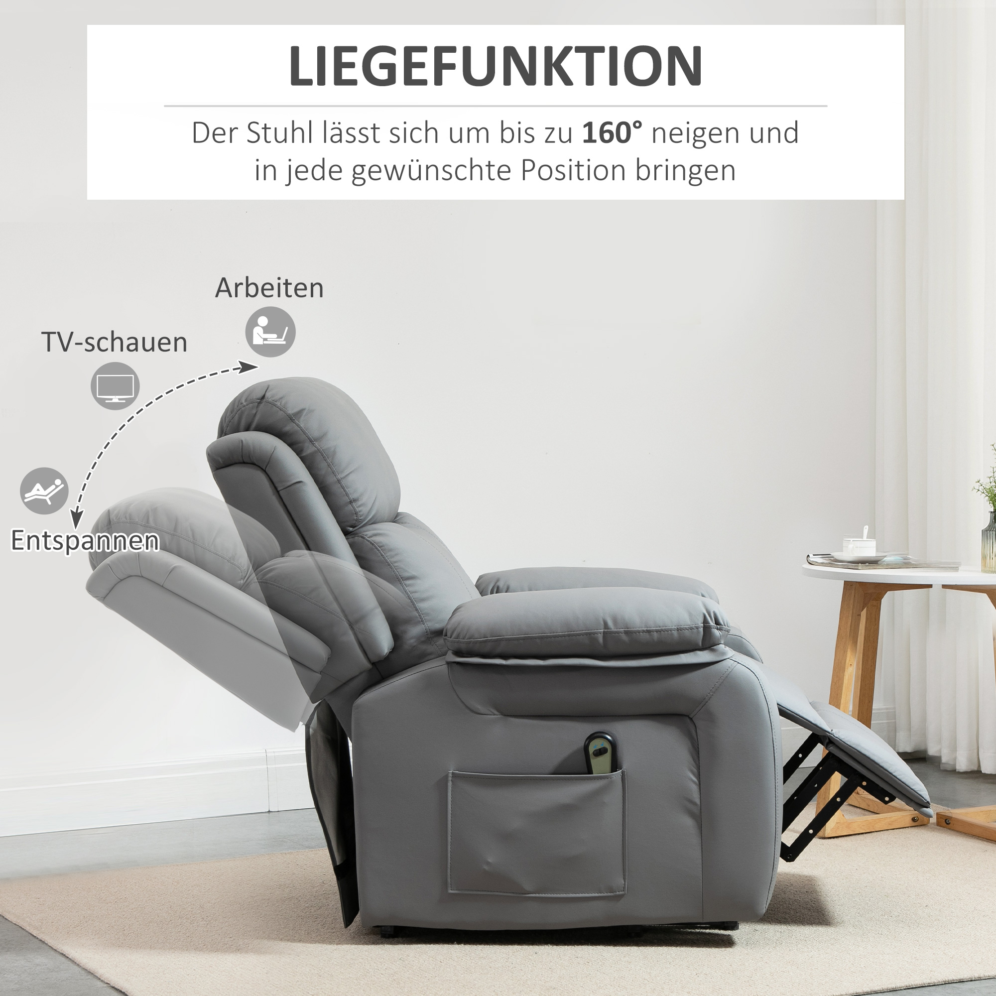 elektrischer Aufsteh-Sessel, Fernbedienung, Kunstleder-Bezug, Polstersessel mit Aufsteh-Funktion, Grau