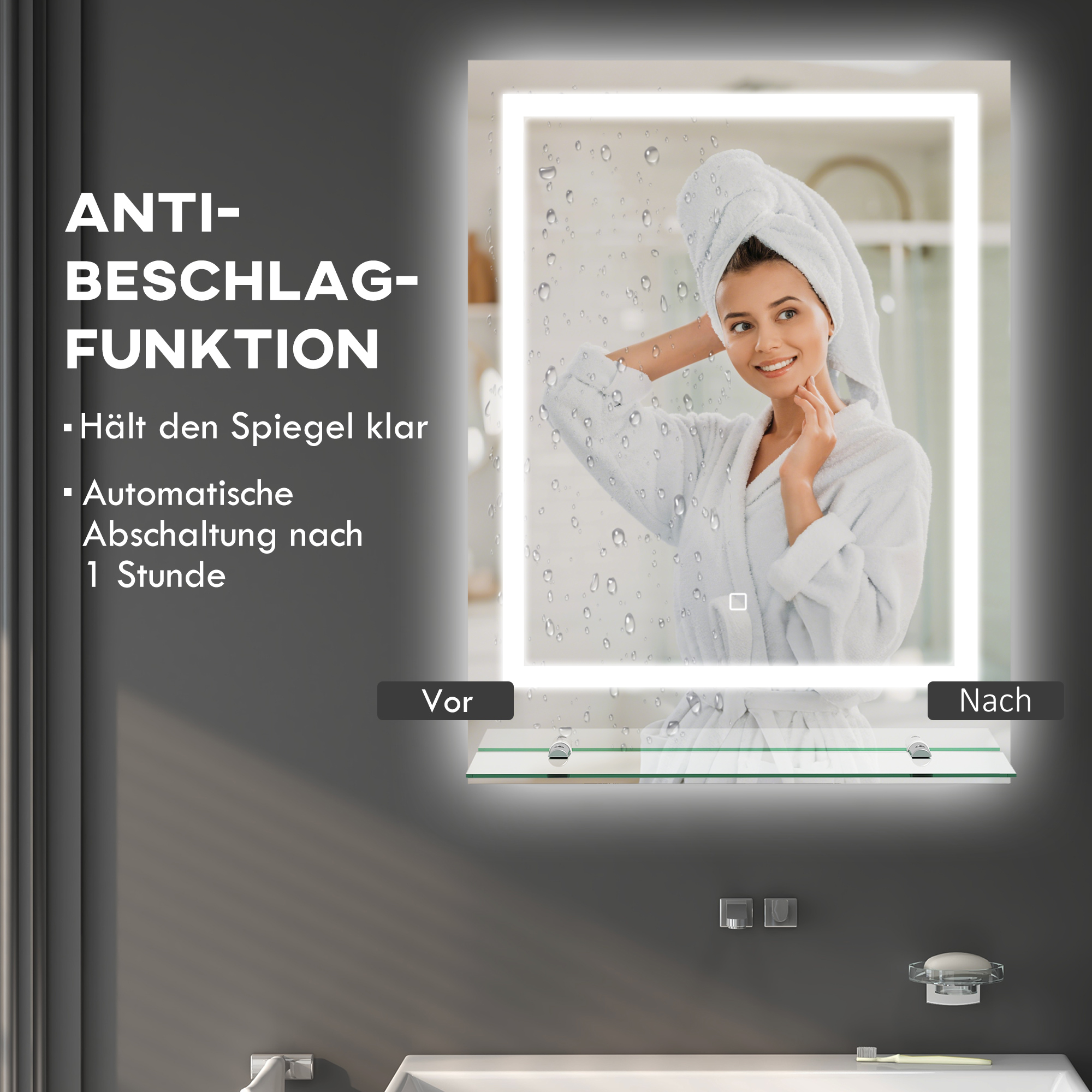 Badezimmerspiegel mit LED-Beleuchtung, 3 Lichtfarben, Antibeschlag-Funktion, verkabelt, 70 x 50 cm