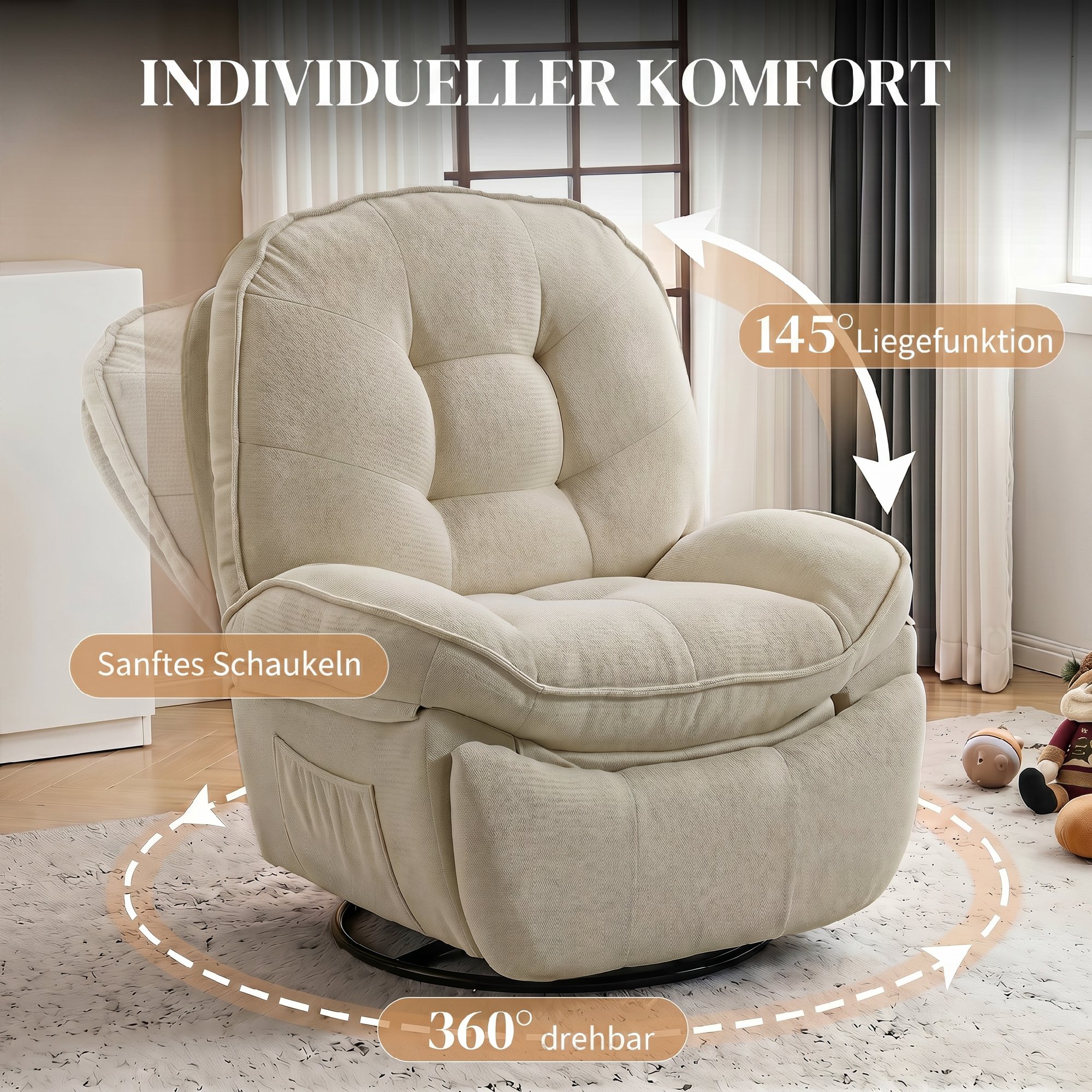 Relaxsessel Fernsehsessel mit Liegefunktion, Drehbarer Ruhesessel mit Wippfunktion, für Wohnzimmer, Schlafzimmer