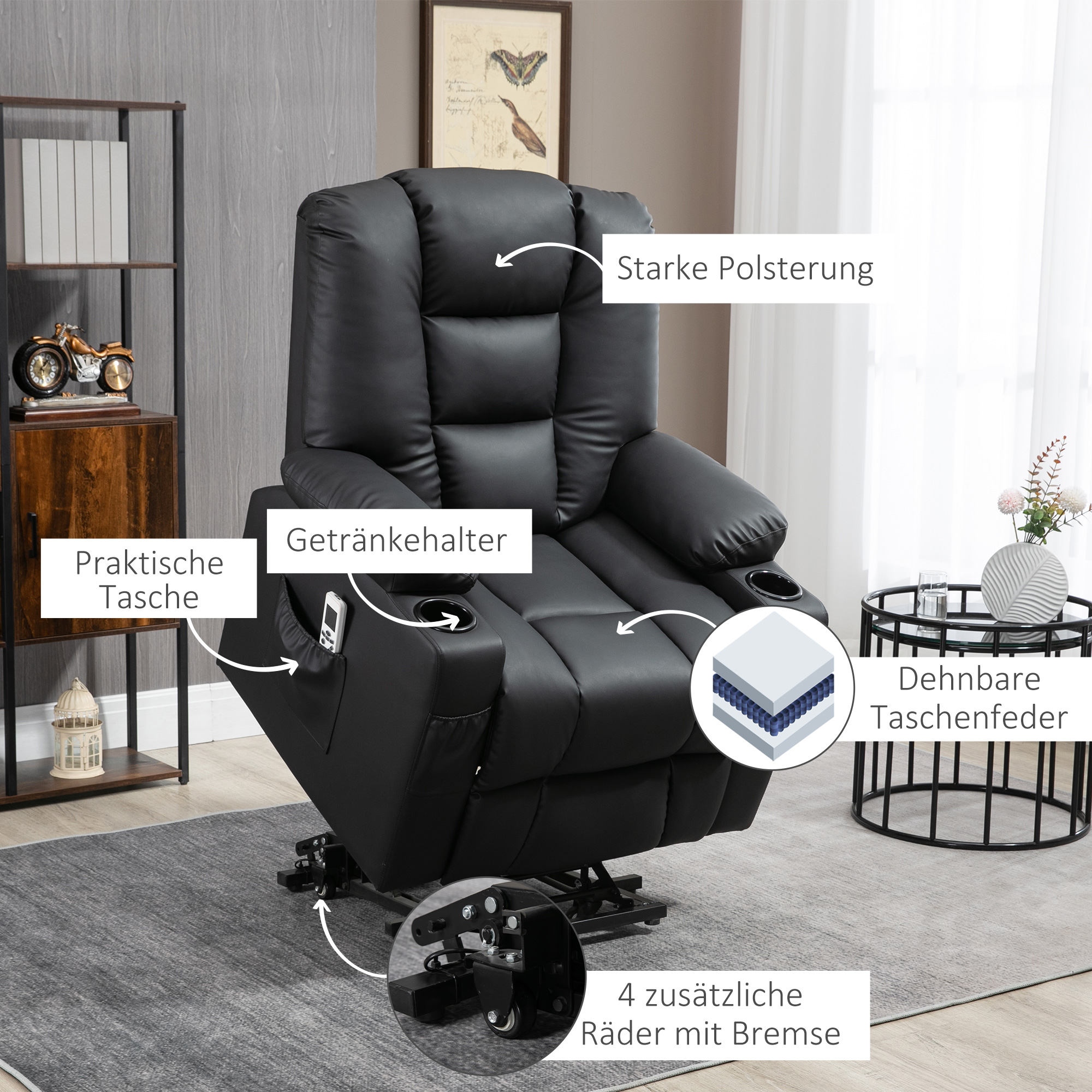 Relaxsessel mit Aufstehhilfe, USB, Massagefunktion, Kunstleder, bis 150 kg, 90x98x102 cm, Schwarz