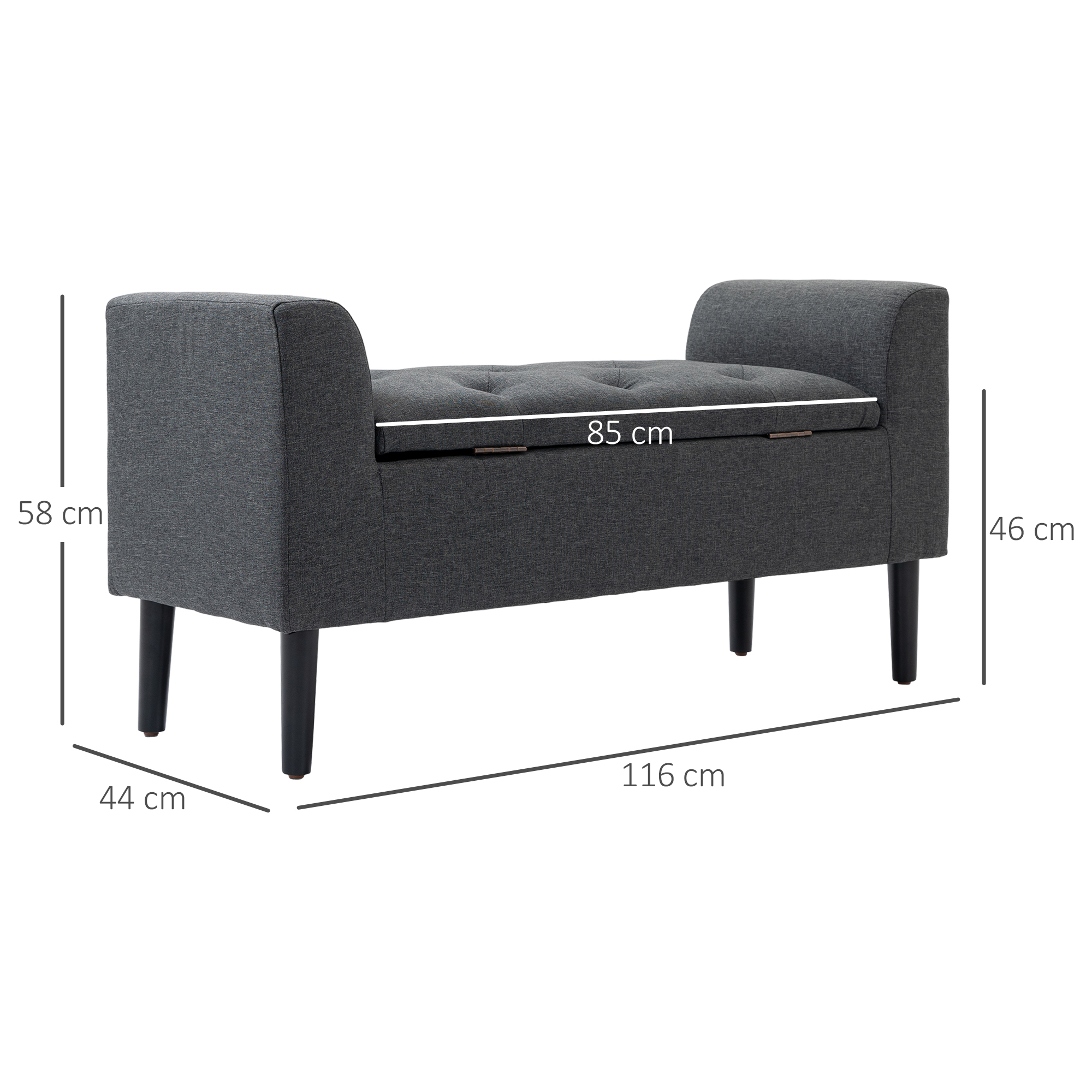 Sitzbank mit Stauraum, Polsterbank mit Leinenoptik, Holzbeine, Bettbank belastbar bis 130 kg, für Wohnzimmer Schlafzimmer Flur, 116 x 44 x 58 cm Dunkelgrau