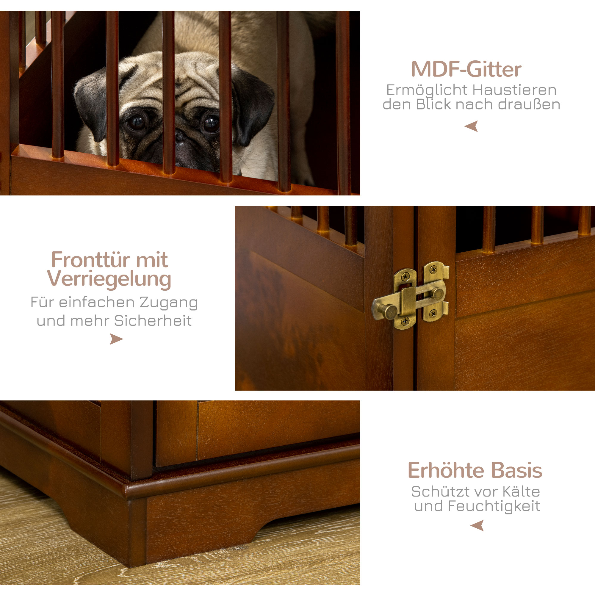 Hundekäfig inkl. Verriegelung, erhöhter Stand, Transportbox, 80,5 cm x 59,5 cm x 67,5 cm, Braun