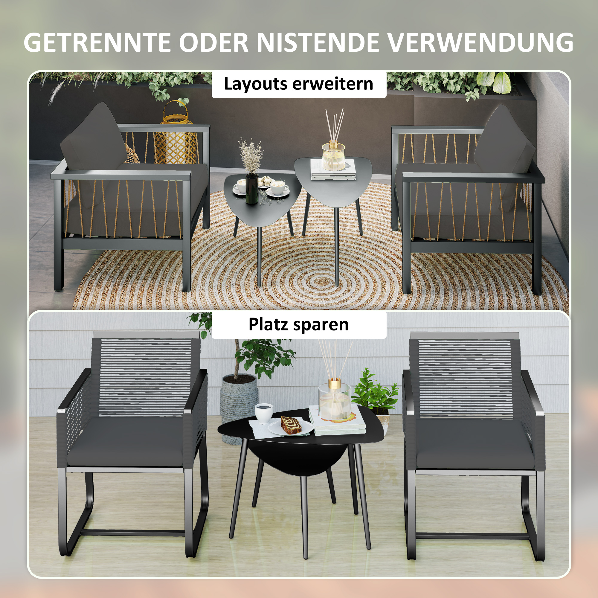 Couchtisch 2er Set, Wetterfest Balkontisch aus Stahl, Beistelltisch im Geometrischem Design Schwarz
