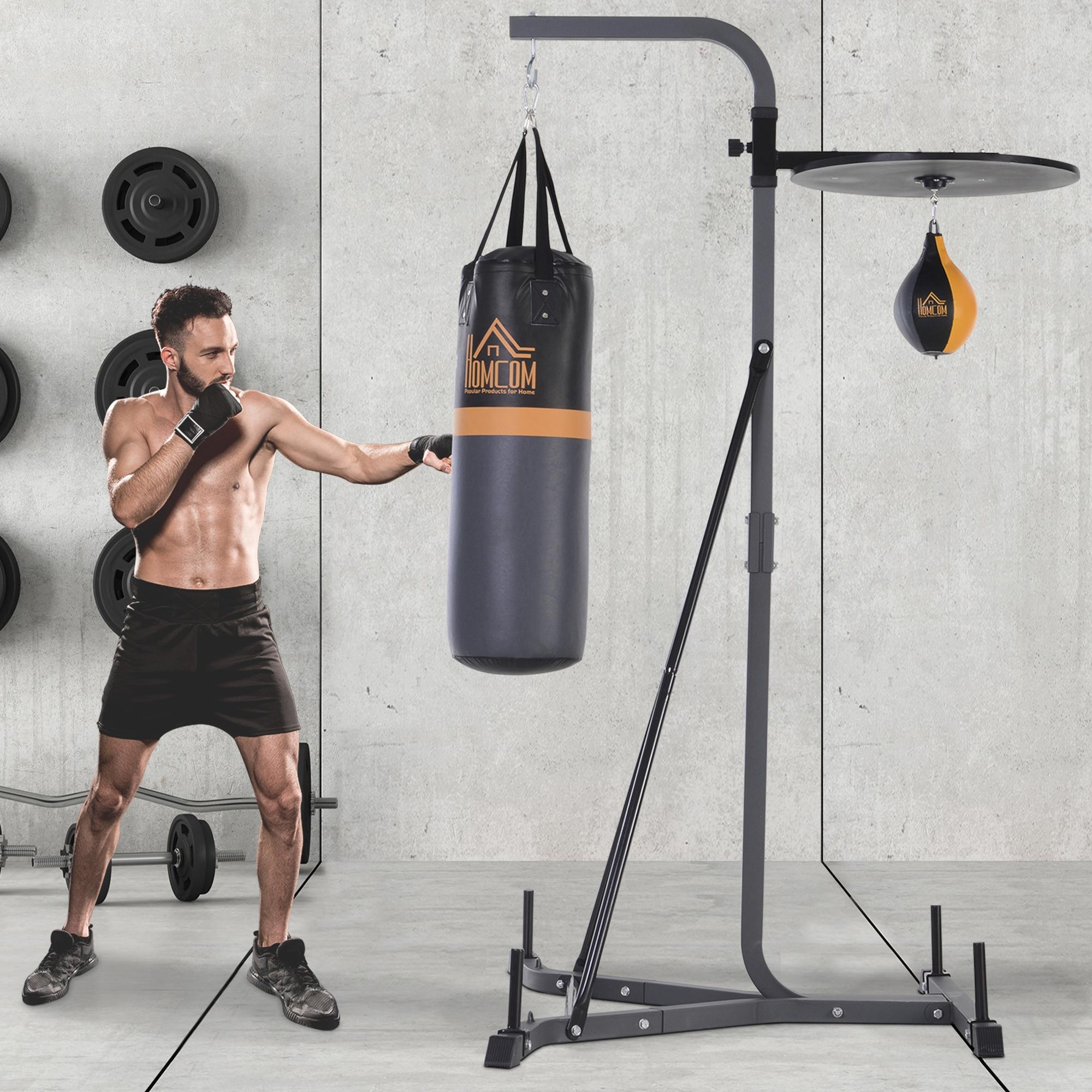 2-in-1 Boxsackständer max. Tragkraft 100 kg, drehbar Boxsackhalterung aus Stahl mit 20kg Boxsack Punchingball, stehend höhenverstellbar Boxsackhalter, für Indoor Fitness Training, Schwarz