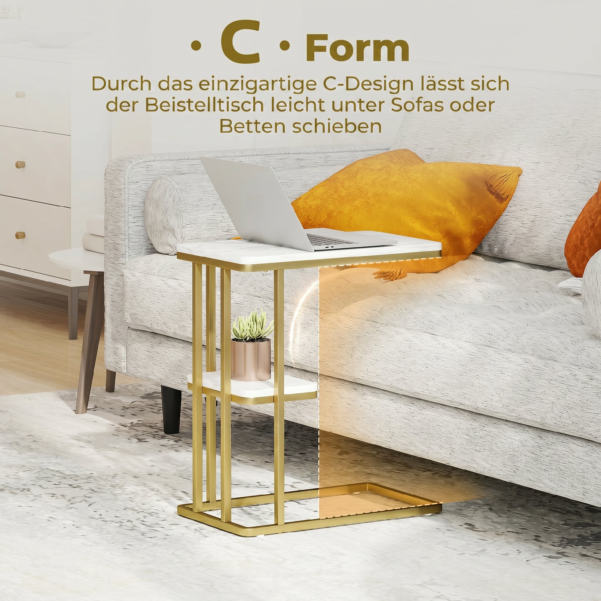 Beistelltisch, C-förmiger schmaler Couchtisch mit Stauraum, moderner Nachttisch für kleine Räume, 50 x 30 x 57,5 cm