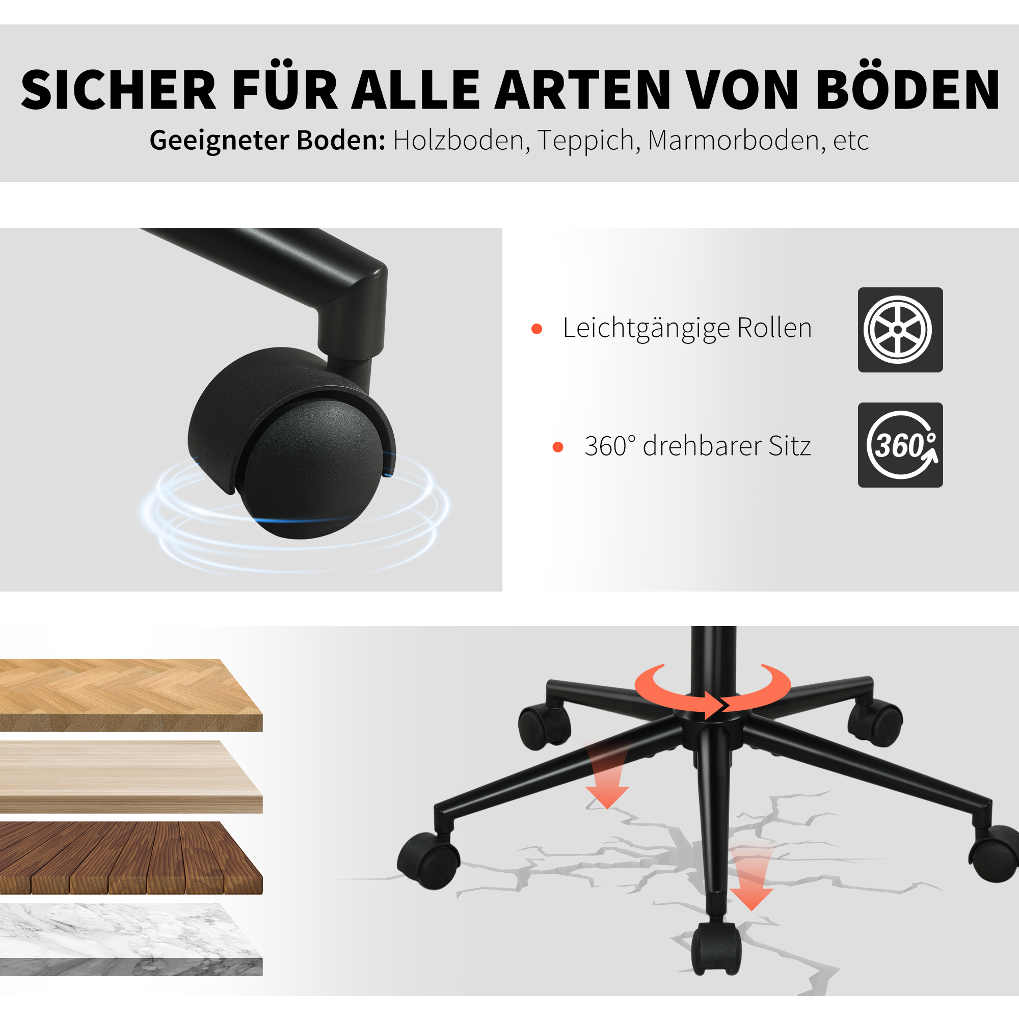 Drehbarer Bürostuhl mit Rollen, Schreibtischstuhl, Fleece-Stoff, Schaumstoff, höhenverstellbar, Homeoffice, Cremeweiß
