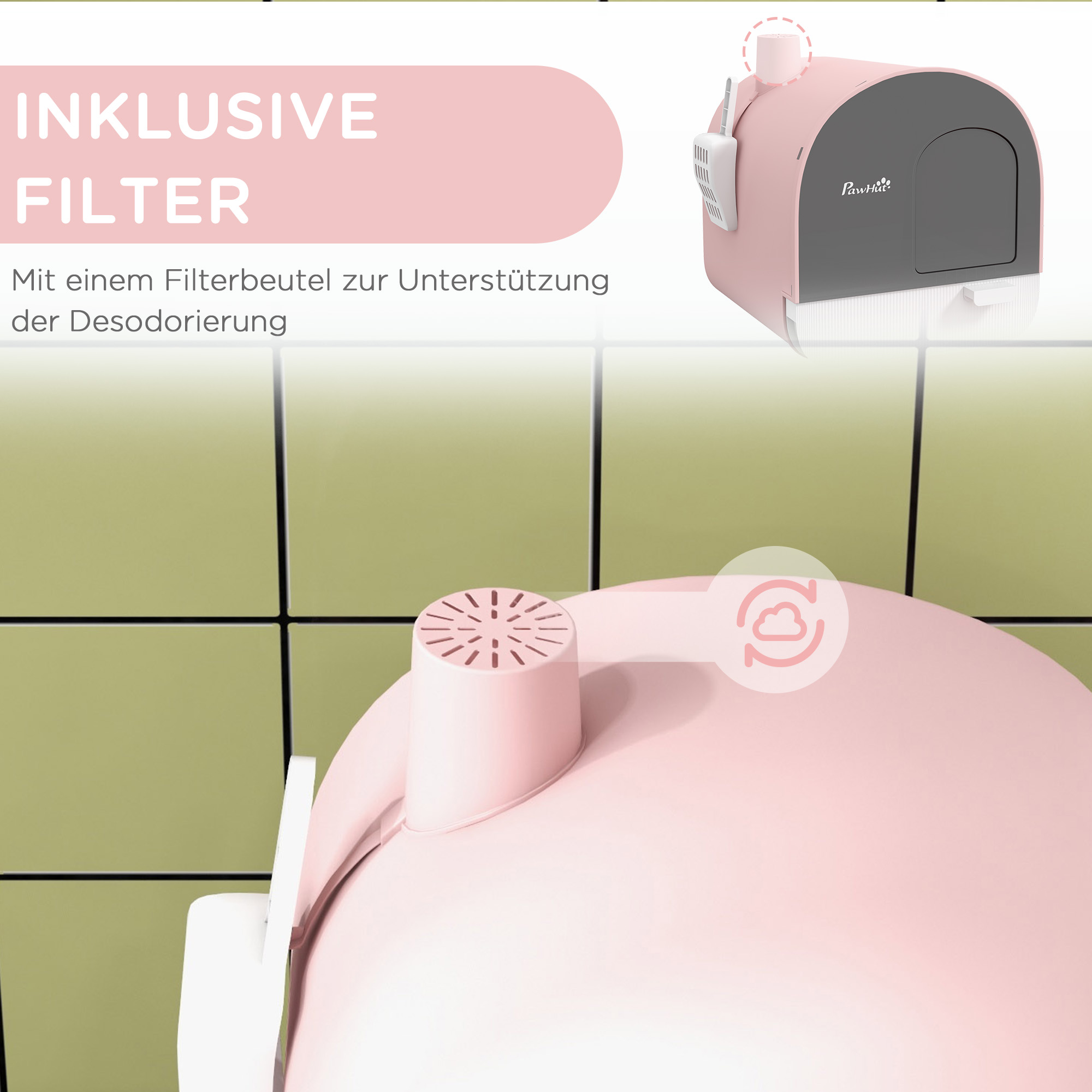 Katzentoilette mit Deckel, Streuschaufel, Schmutzfangmatte, Kunststoff, Rosa/Schwarz