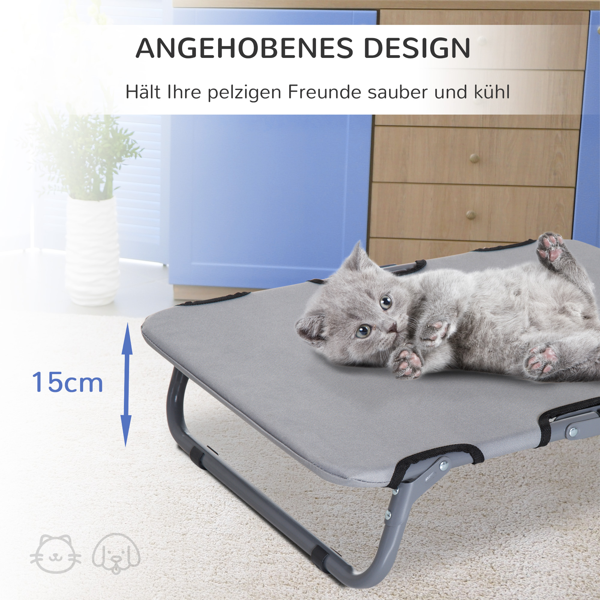 Hundeliege Outdoor, klappbar erhöhtes Hundebett für kleine Hunde, Kühlendes Haustierliege mit Stahlrahmen, Haustierbett für Draußen Camping, 59 x 46 x 15 cm, Grau