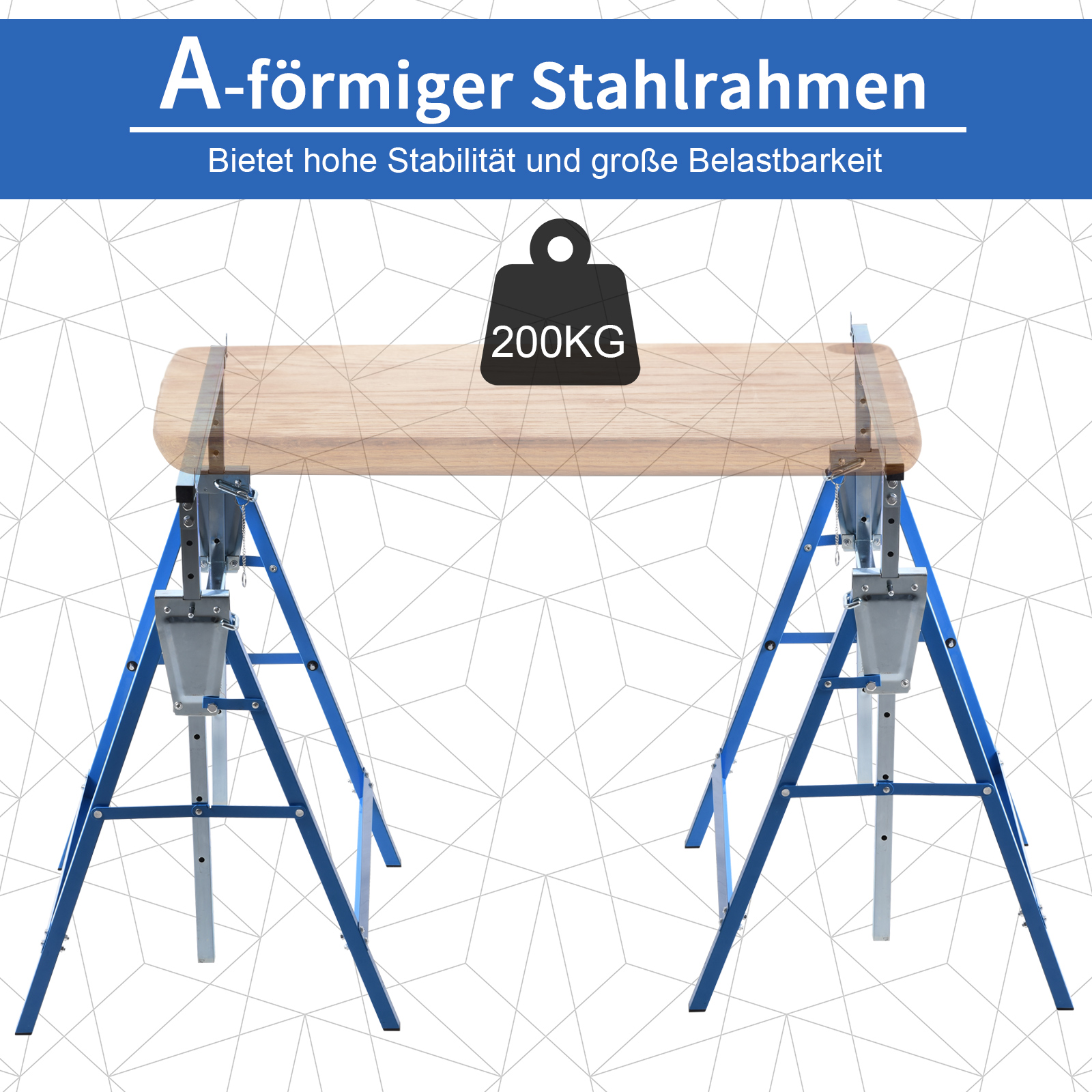2er Set Arbeitsbock Belastbarkeit bis 200 kg klappbar Sägebock höhenverstellbar 80-130 cm Gerüstbock aus Stahl Unterstellbock Klappbock Stützbock Blau