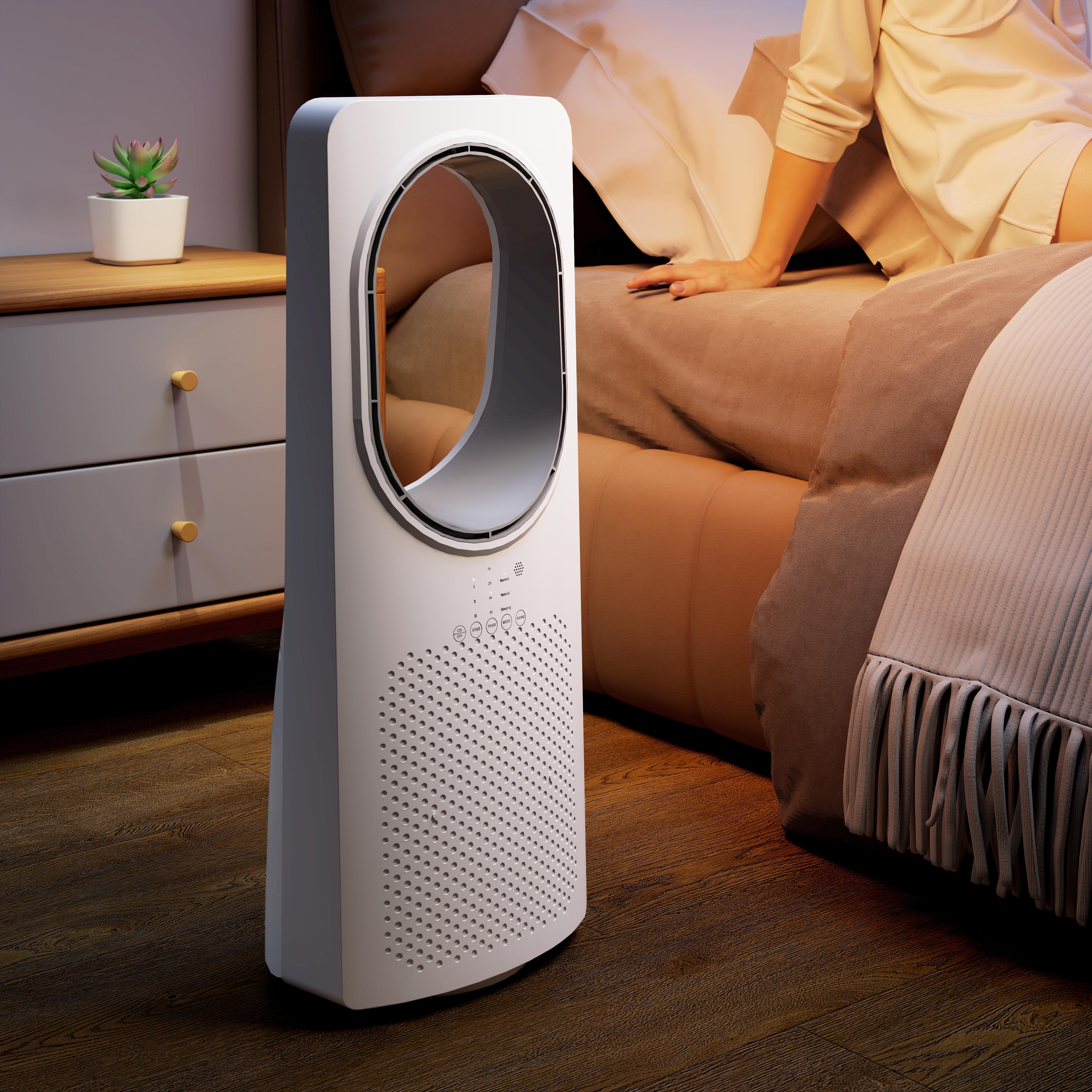 Bladeless Turmventilator für Schlafzimmer, 36 dB Standventilator mit 45° Oszillation, 3 Geschwindigkeiten, 3 Modi, 15-Stunden-Timer, Weiß