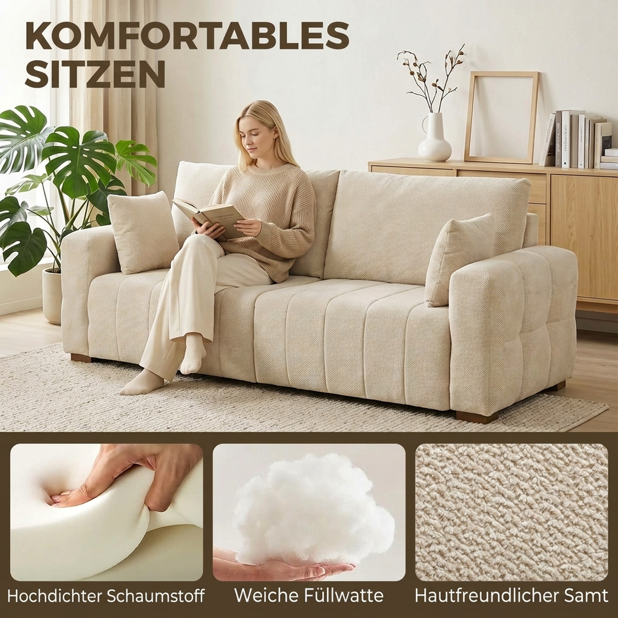 3-Sitzer Sofa mit bodentiefen Armlehnen gepolsterte Wohnzimmercouch Holzbeine Cremeweiß