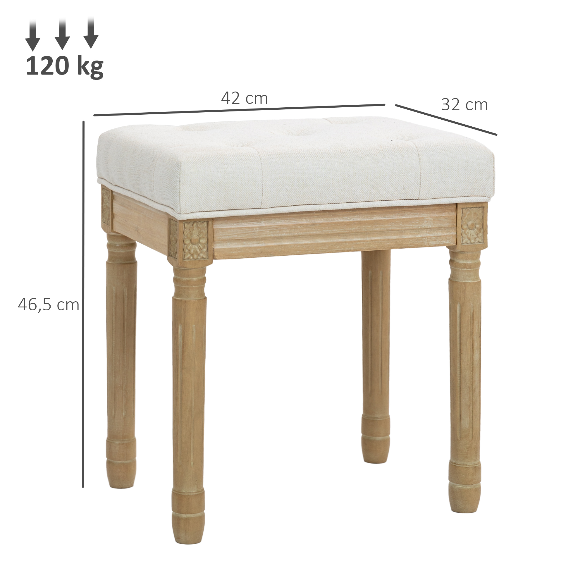 Leinen Sitzhocker, Polsterbank, Fußbank mit gepolstertem Sitz, Holzbeine, 42 x 32 x 46,5 cm, Beige