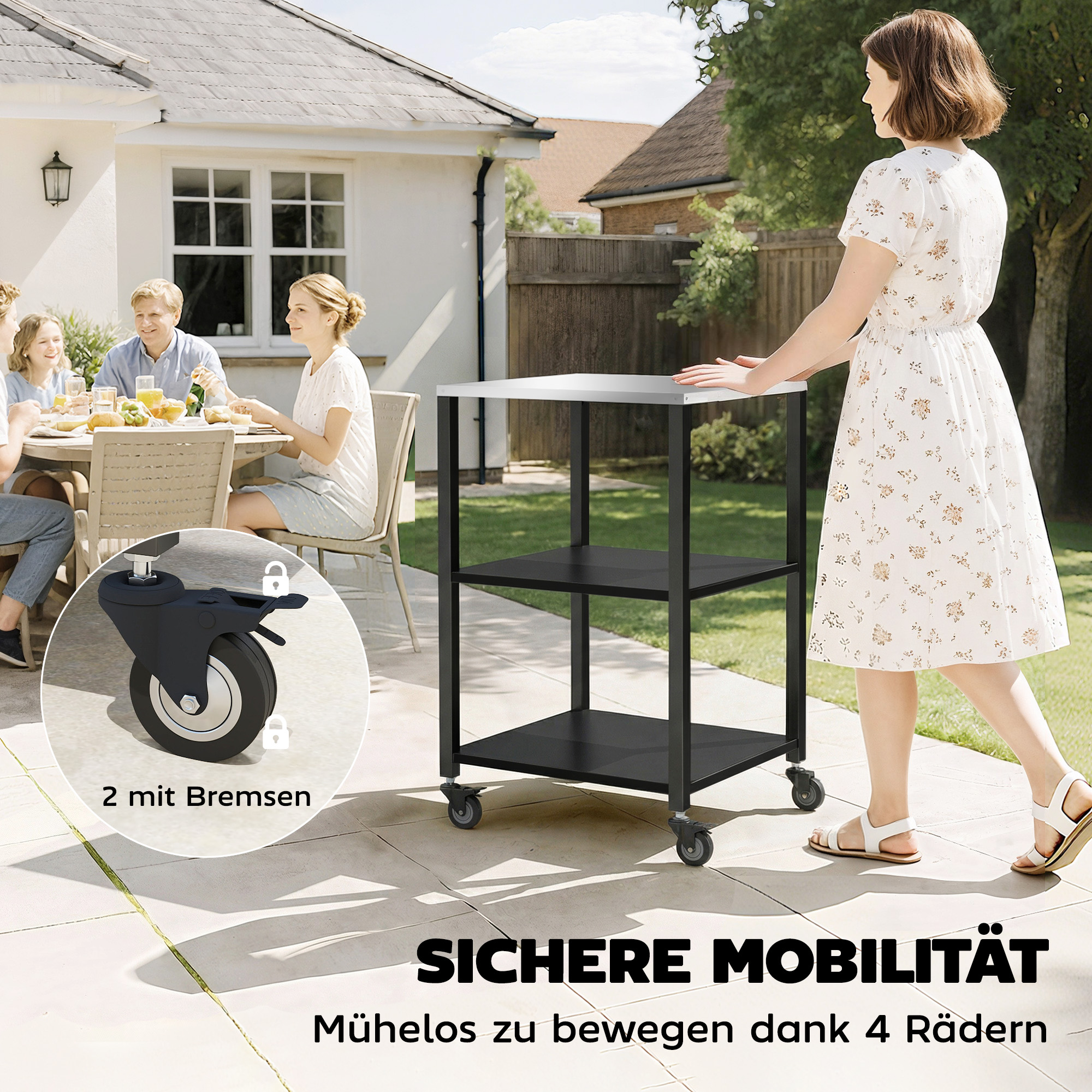Grillwagen 3-Etagen Grilltisch mit Edelstahl Arbeitsfläche Rollen mobiler Servierwagen 50 x 50 x 90 cm Schwarz