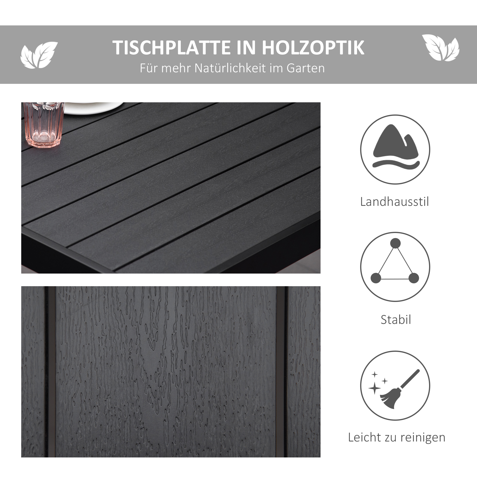 Gartentisch Outdoor-Tisch Outdoor-Loungetisch, wetterbeständig, 190 x 90 x 74 cm, Schwarz