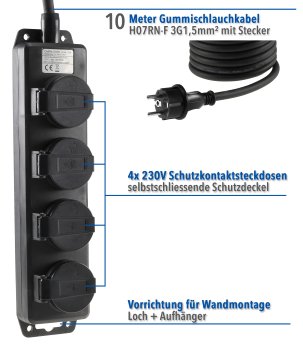 Gartensteckdosenleiste für Außen, 4-fach / IP44, H07RN-F 3G1,5mm², Zuleitung 10m