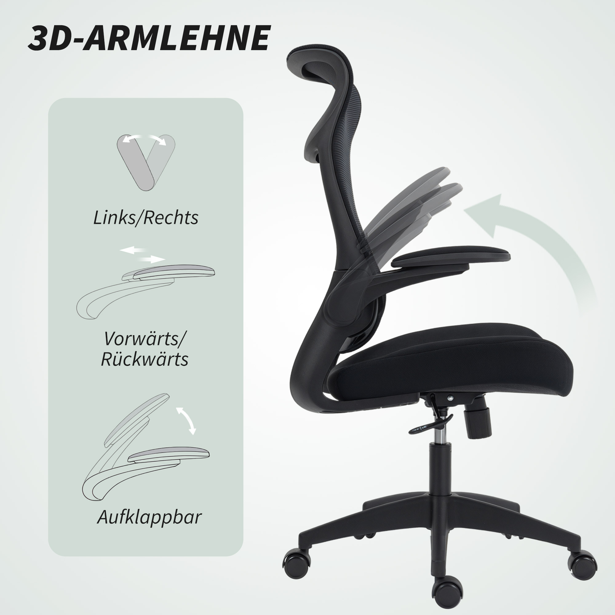 Ergonomischer Bürostuhl mit 3D-Armlehnen, Netzstoffrücken, S-förmige Rückenlehne, Kopfstütze, Kippfunktion, Schwarz