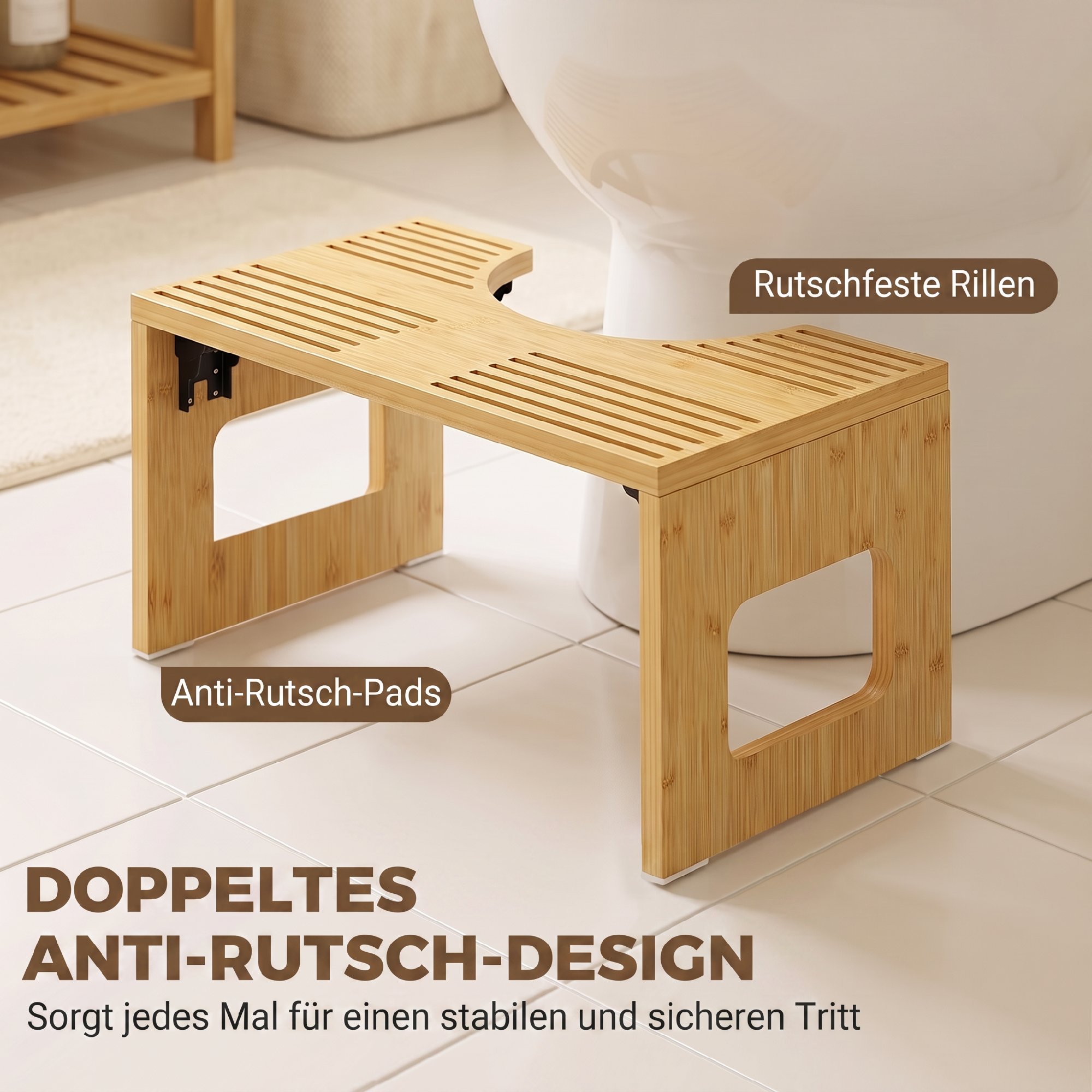 Toilettenhocker Bambus klappbar Badezimmer Hocker Badhocker Rutschfest Klohocker für Erwachsene Zuhause, Eiche
