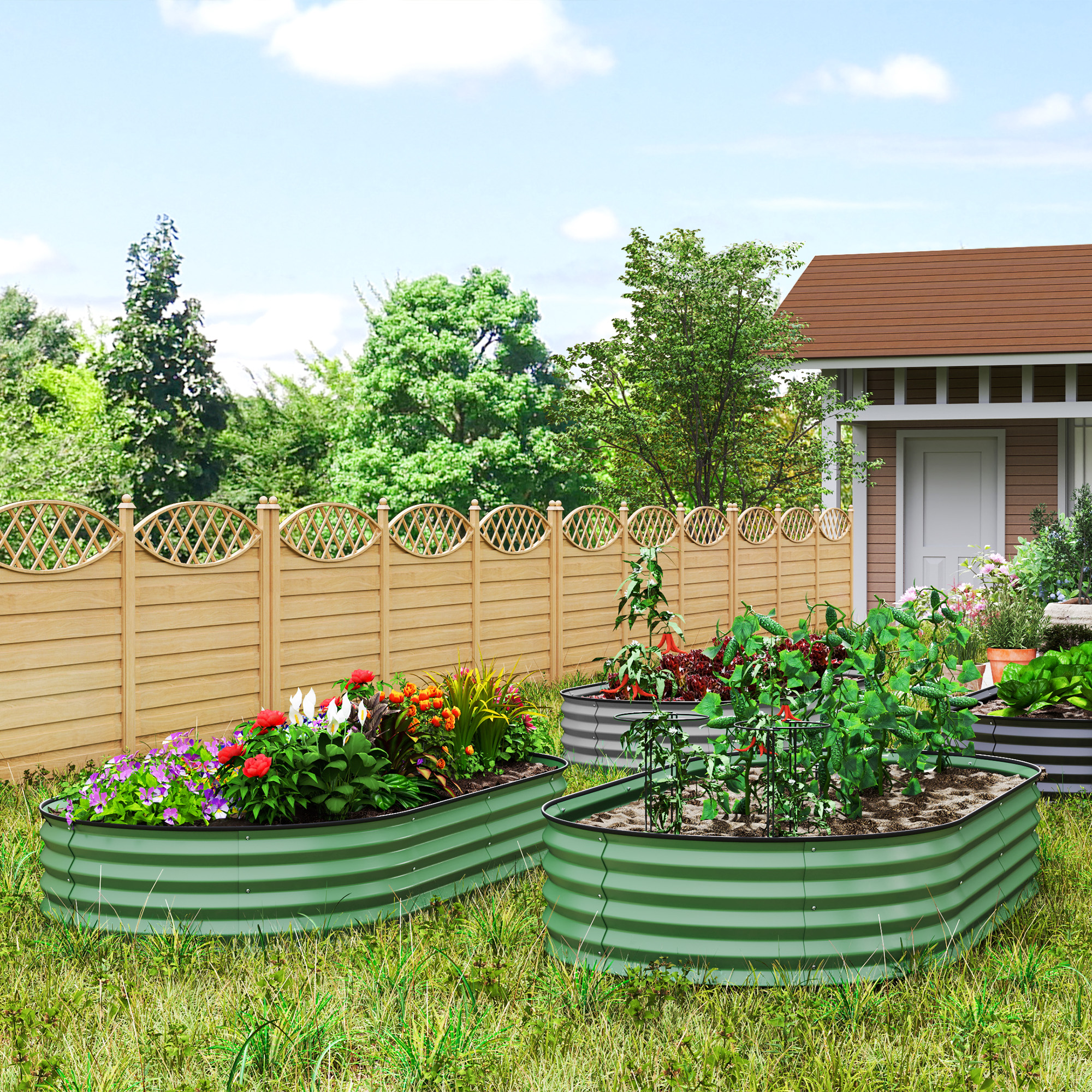 2er-Set Hochbeete für Garten, Outdoor-Pflanzenkübel mit offenem Boden, Gummirand, Metall, 181 x 93 x 30 cm, Grün