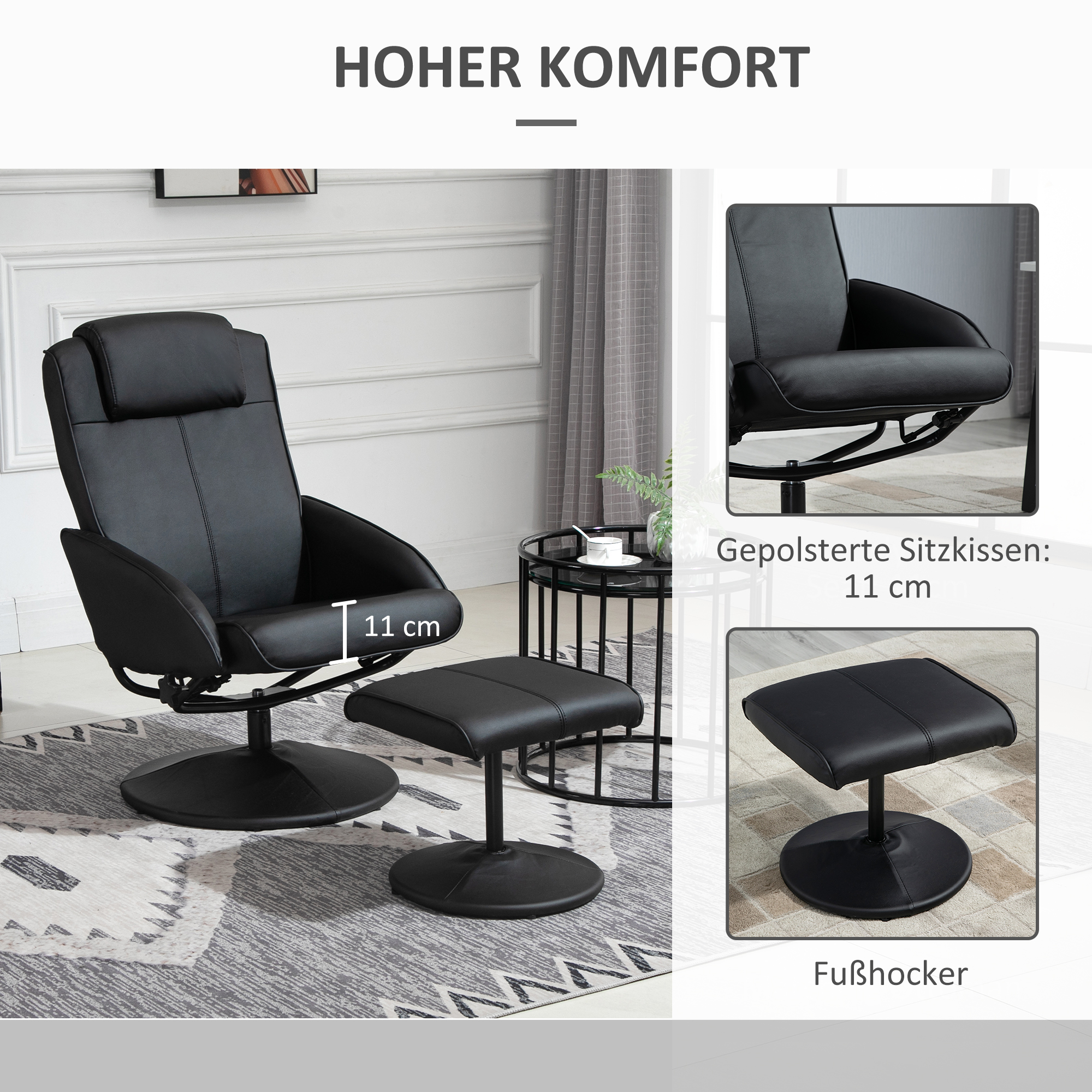 Relaxsessel mit Fußhocker, Kunstleder-Bezug, neigbar, ergonomisches Design, Schwarz
