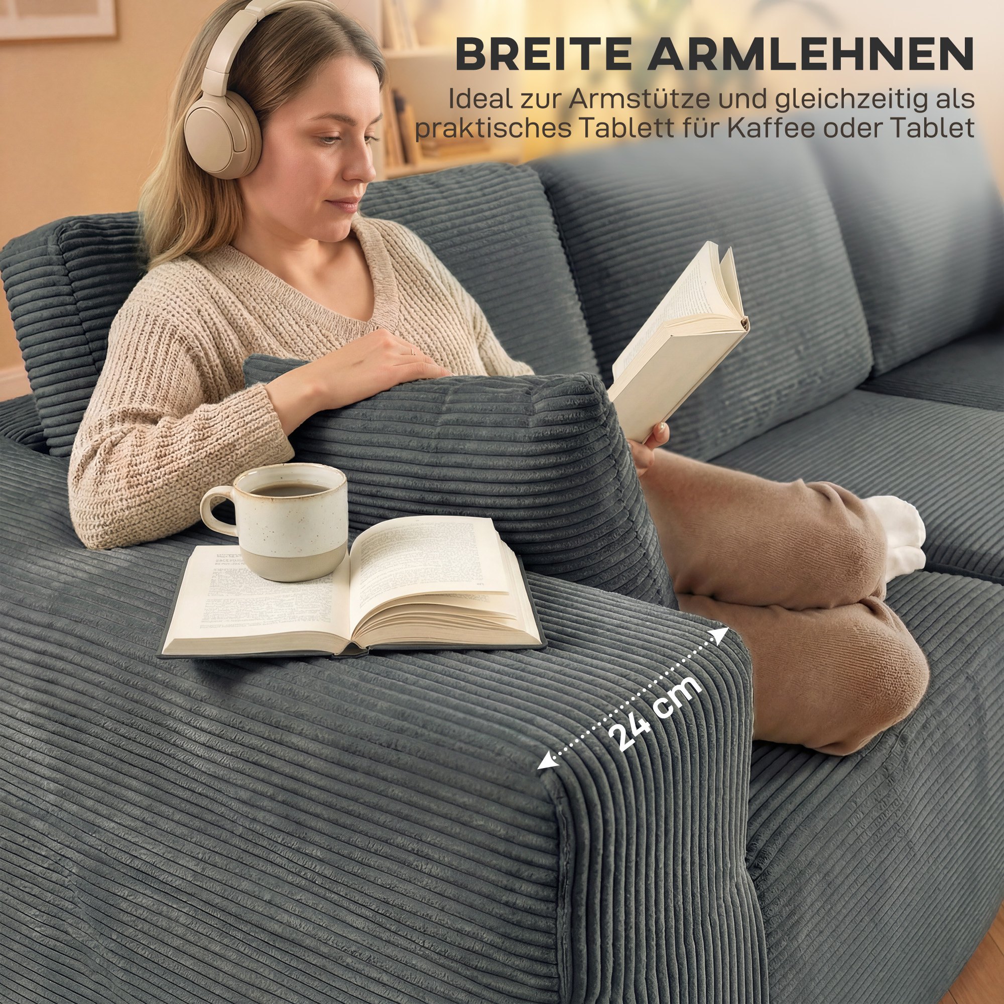 Modulares Ecksofa, L-förmiges Sofa-Bett mit tiefem Sitz, breiten Armlehnen, 2 Kissen, Dunkelgrau